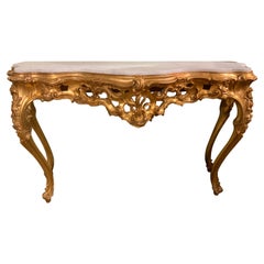 Italian Giltwood and White Marble-Top Console Table with Scrolls /Floral Motif
