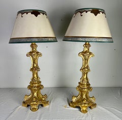 Italian Giltwood Candlestick Lamps w/ Parchment Shades