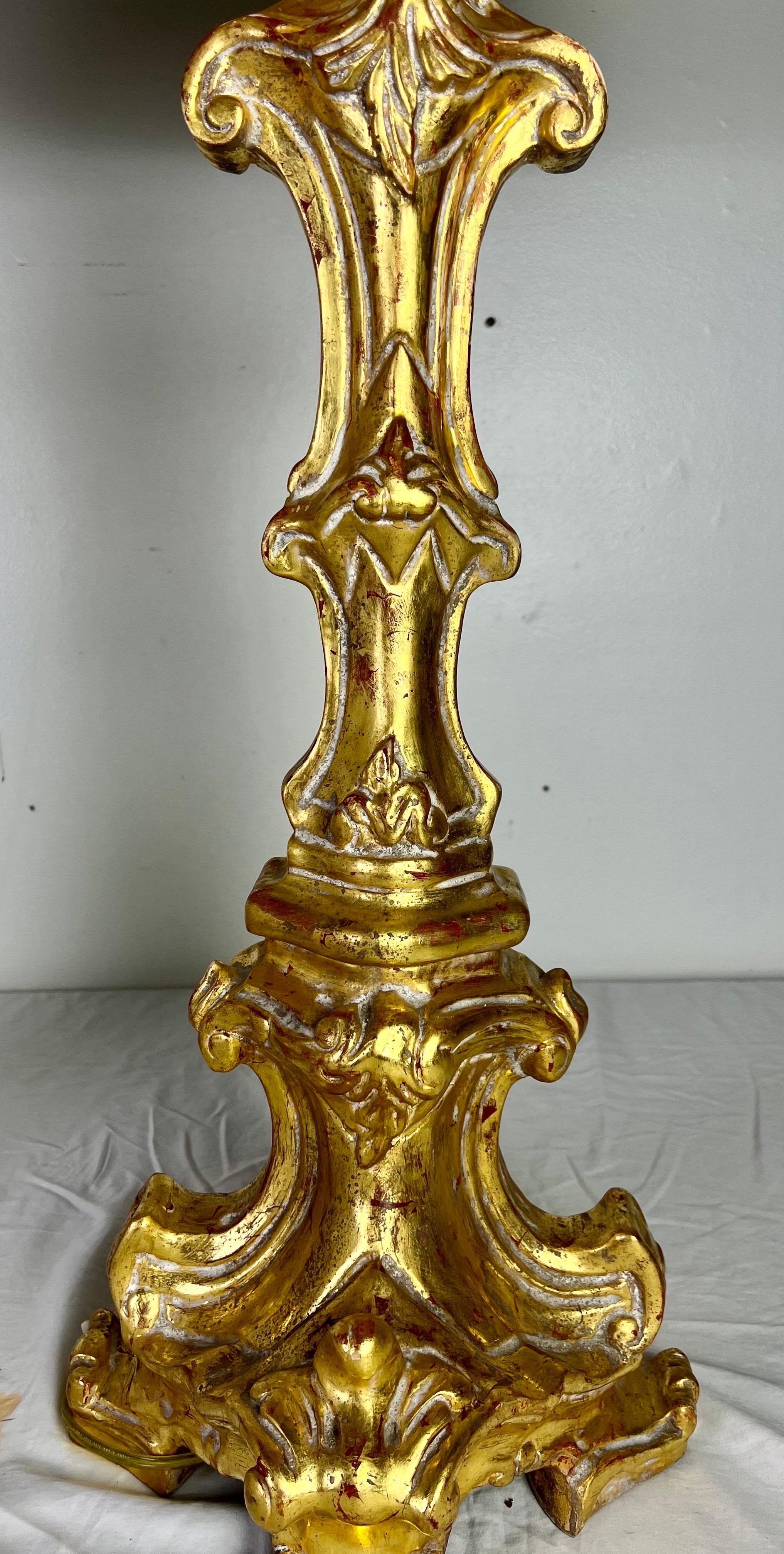Italian Giltwood Candlestick Lamps w/ Parchment Shades In Good Condition In Los Angeles, CA