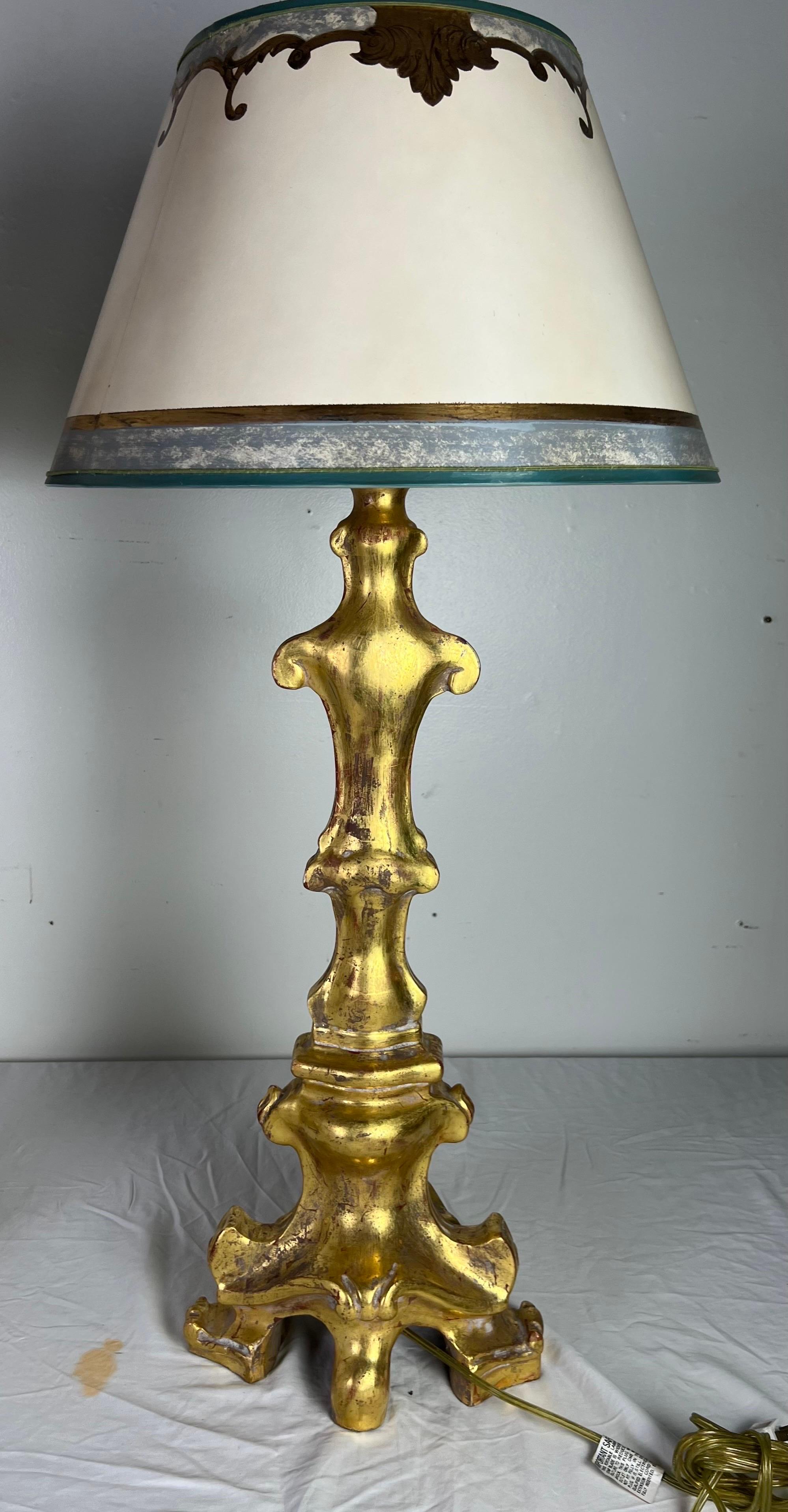 Italian Giltwood Candlestick Lamps w/ Parchment Shades 2