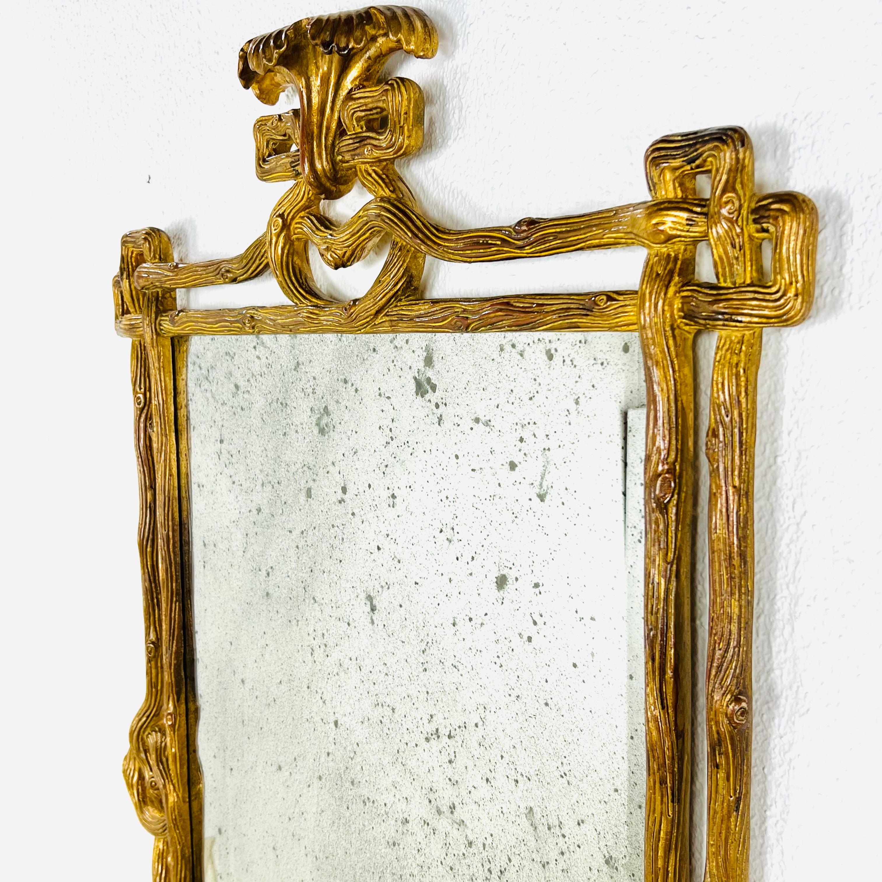 20th Century Italian Giltwood Carved Branch Frame Antiqued Mirror For Sale