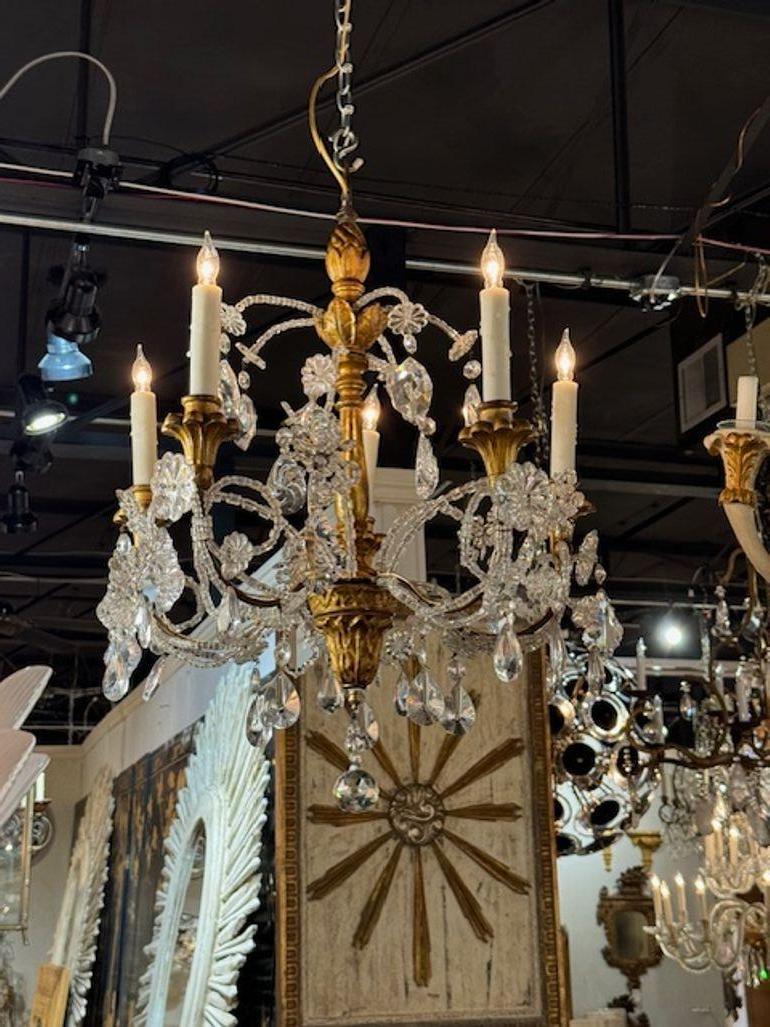 Piccolo lampadario italiano del XIX secolo in legno dorato e cristallo proveniente da Genova. Circa 1880. Il lampadario è stato ricablato professionalmente e viene fornito con catena e baldacchino coordinati. È pronto per essere appeso! 26 