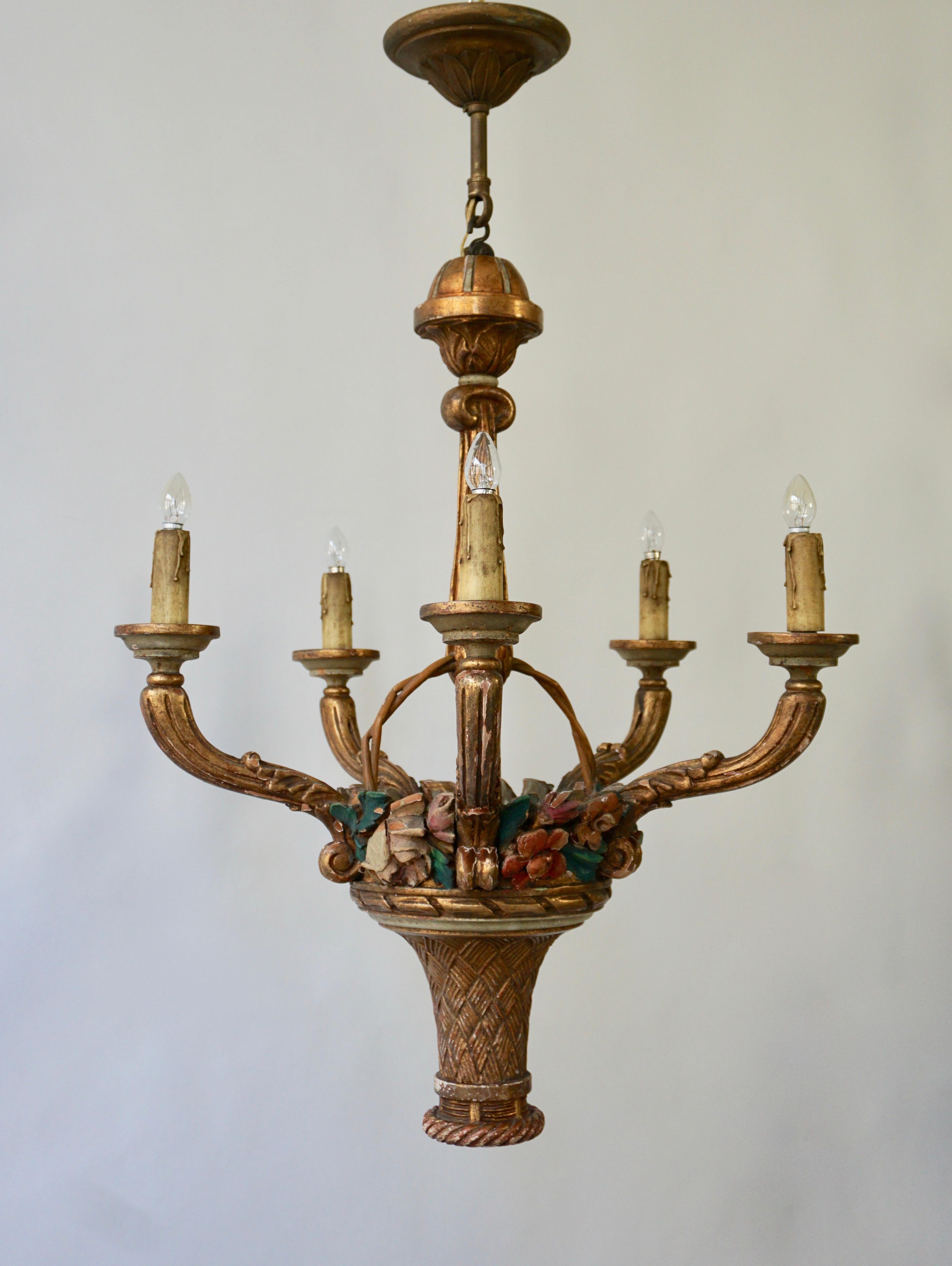 Metal Italian Giltwood Chandelier with Flowers For Sale