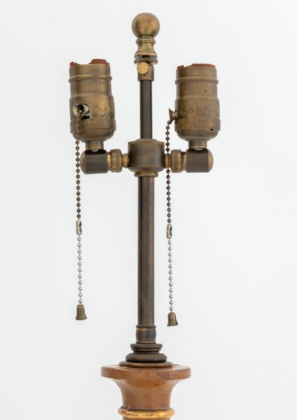 Italian Giltwood Columnar Table Lamp, with painted landscape scene, mounted on round wood base. 29.25