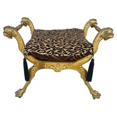 Italian Giltwood Curule Stool with Leopard Print Cushion