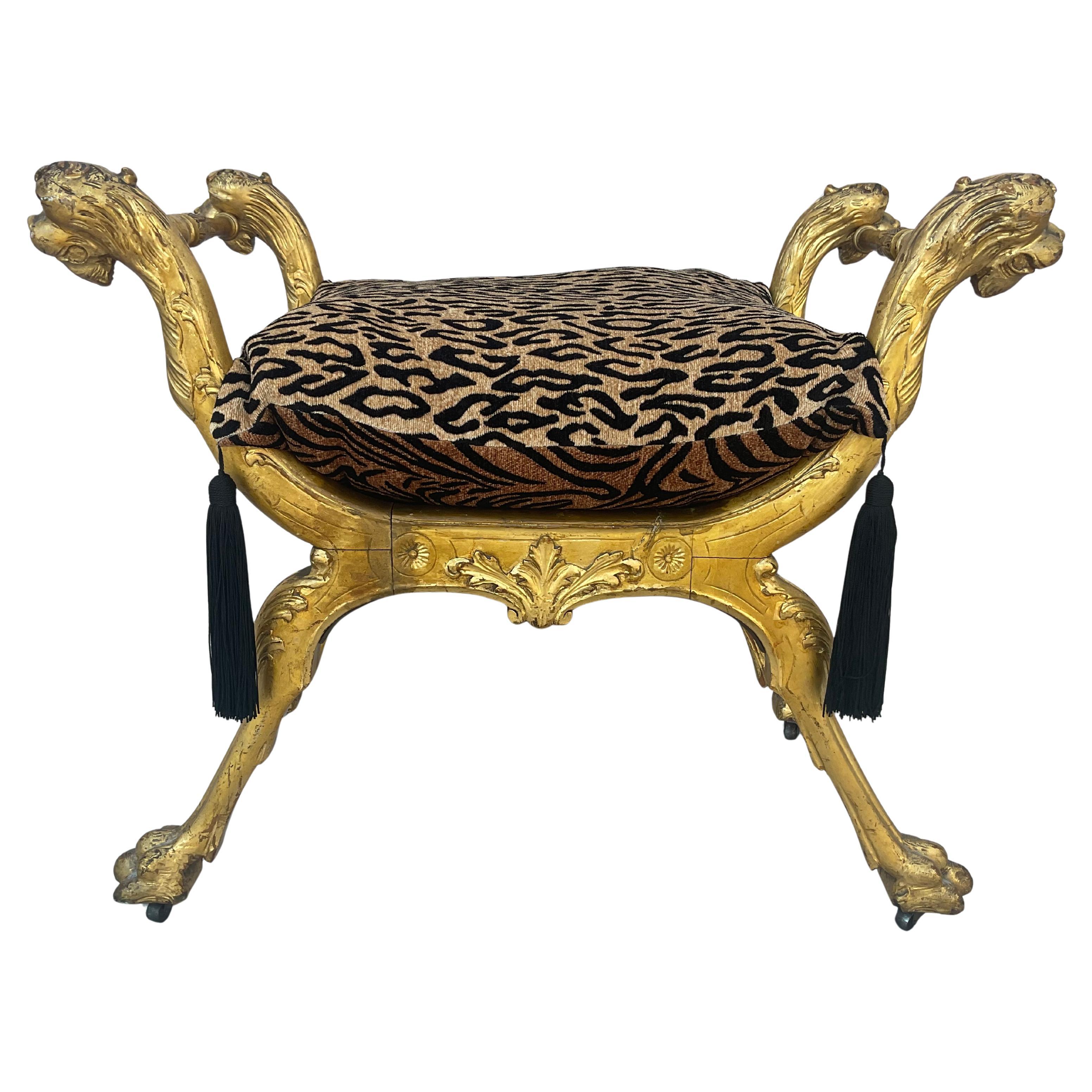 Italian Giltwood Curule Stool with Leopard Print Cushion