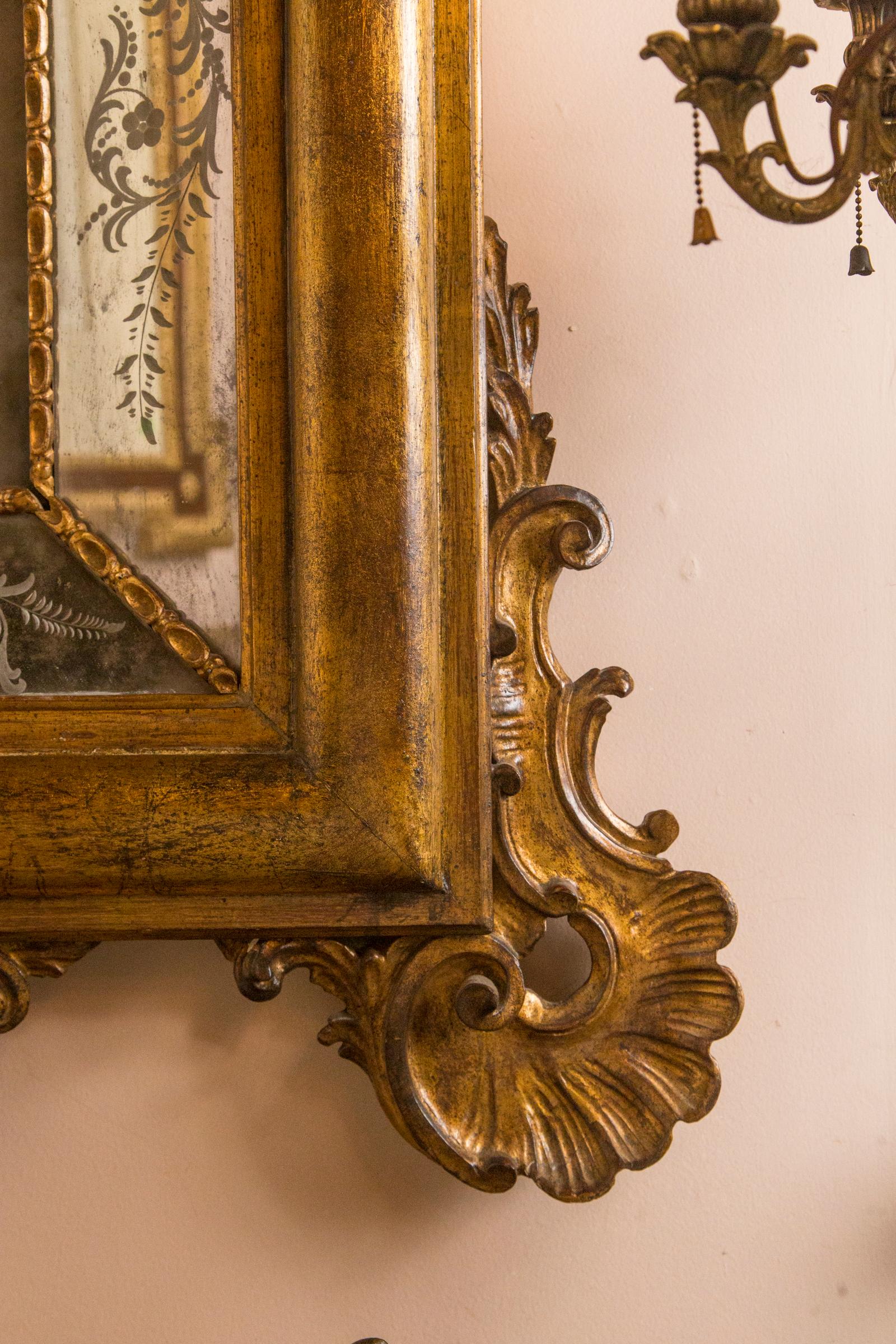 Rococo Italian Giltwood Etched Mirror For Sale