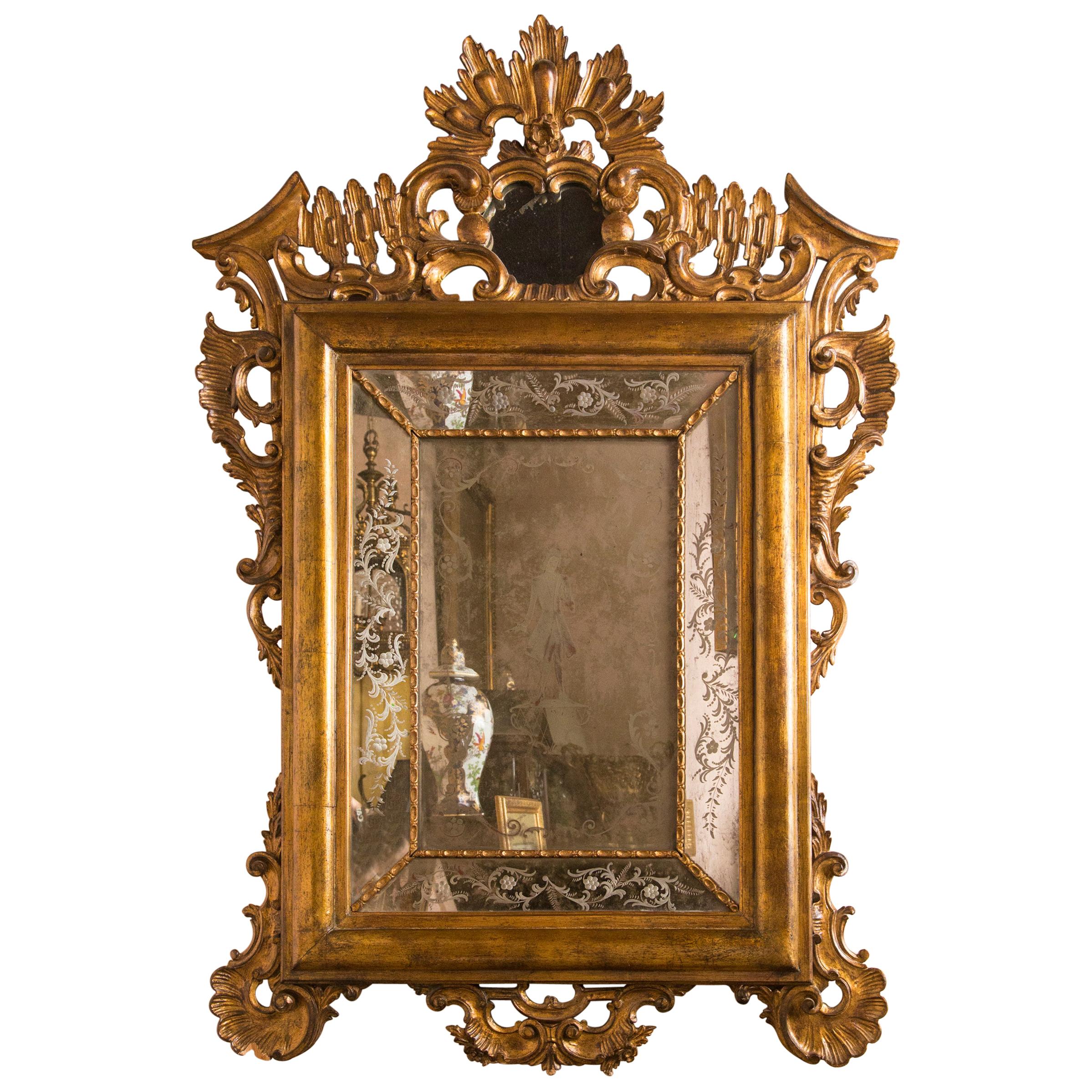 Italian Giltwood Etched Mirror For Sale