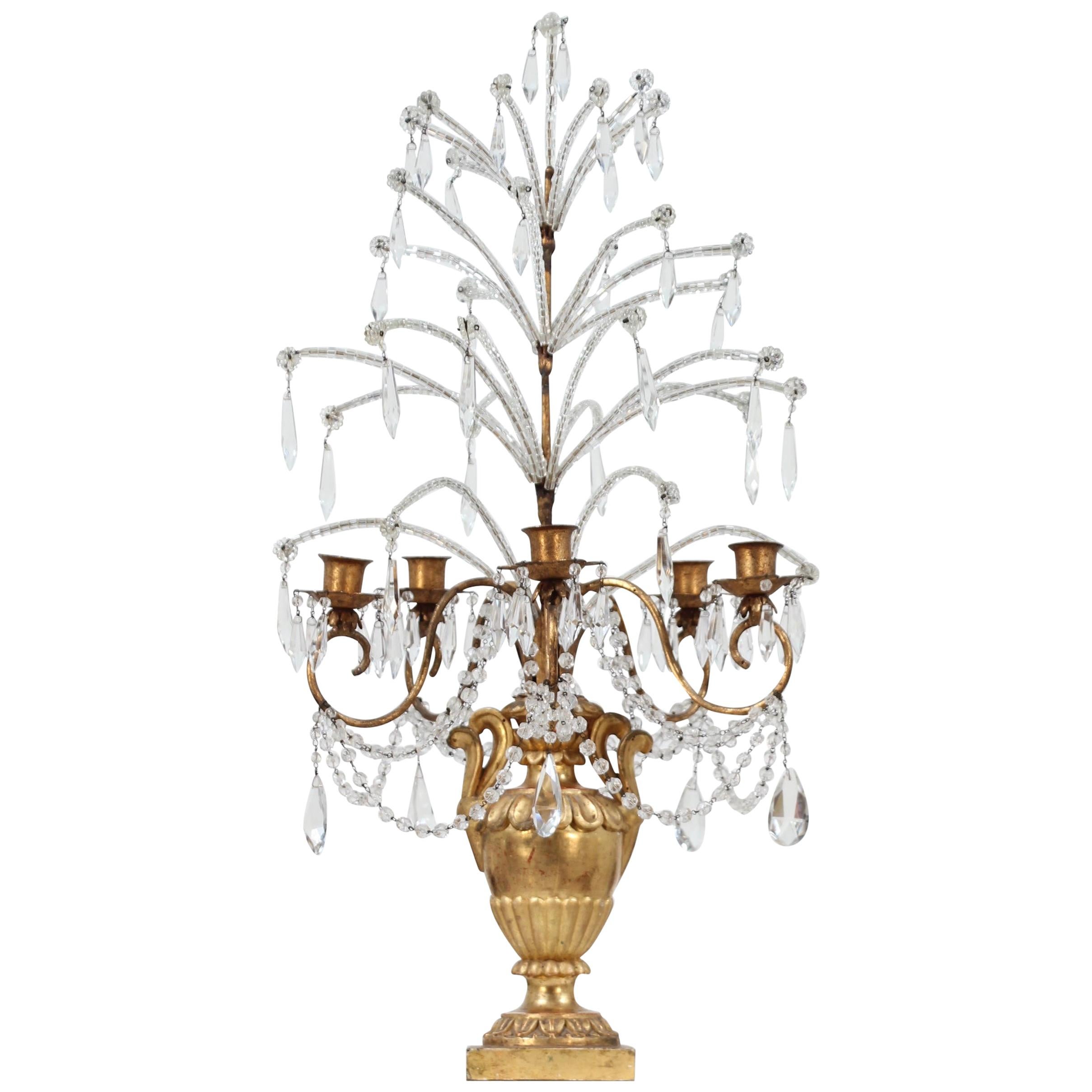 Italian Giltwood, Iron and Crystal Girandole or Candelabra