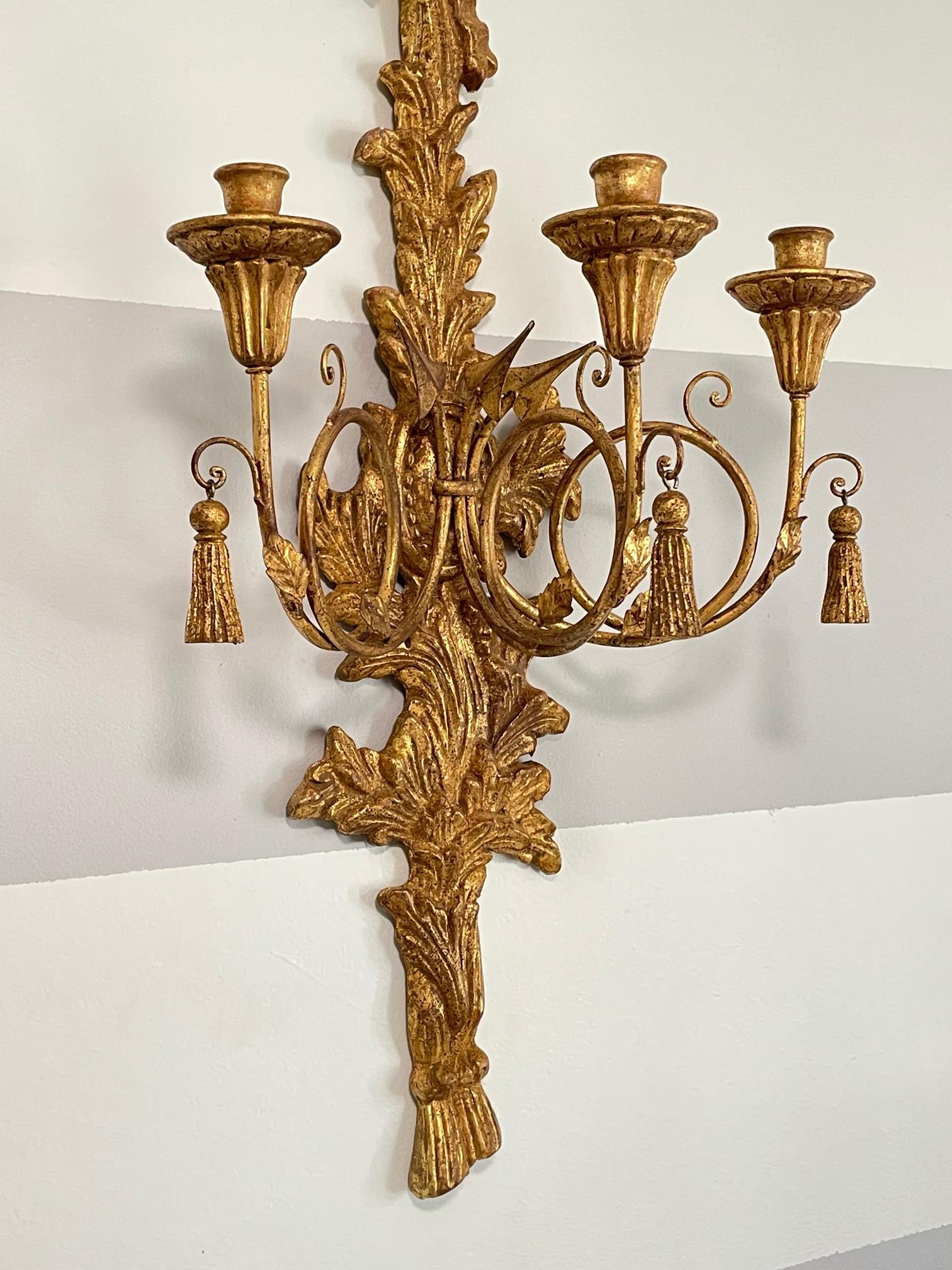 Rococo Italian Giltwood Louis XVI Style Carved 3-Arm Sconces For Sale