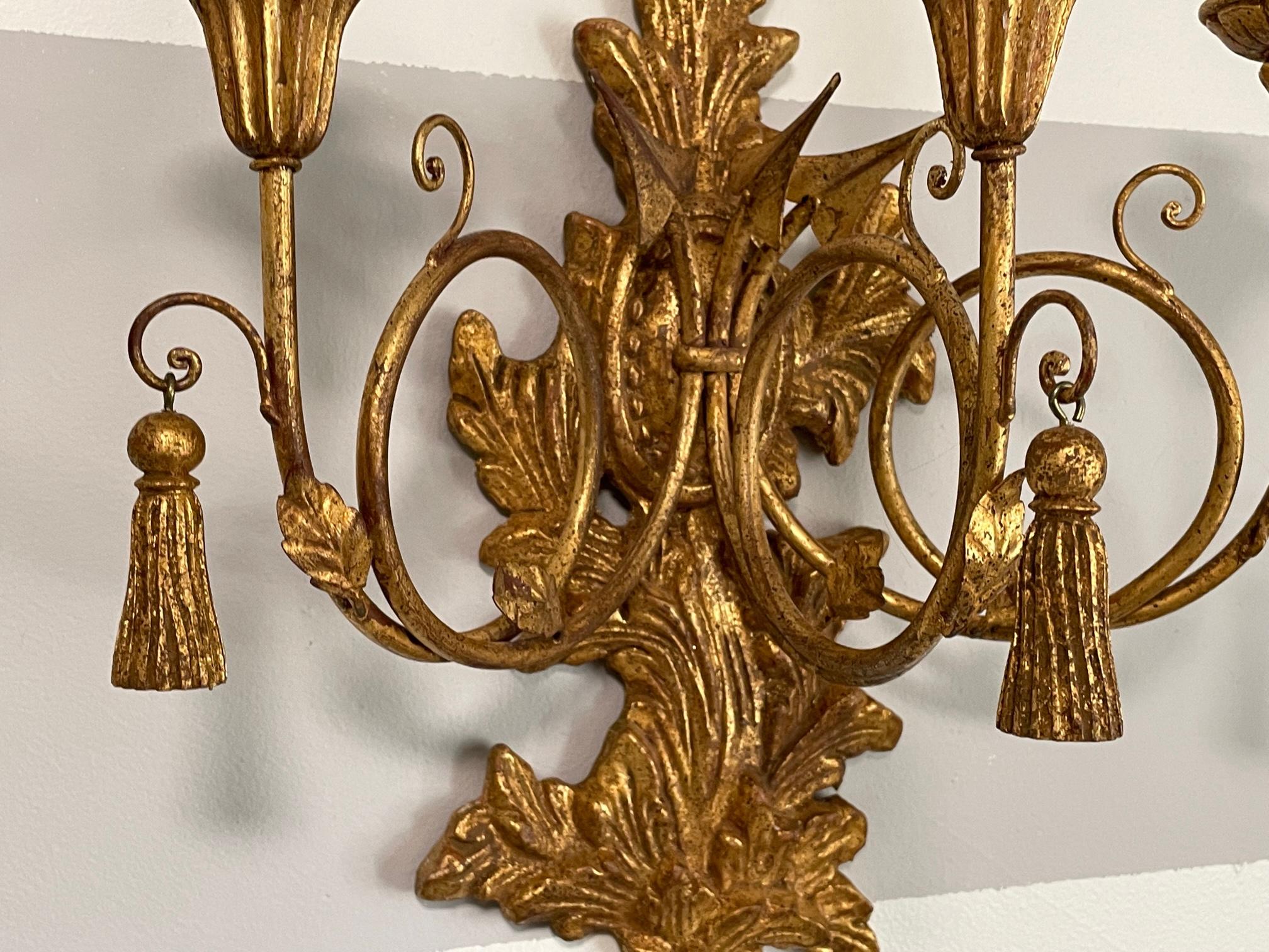 Italian Giltwood Louis XVI Style Carved 3-Arm Sconces In Good Condition For Sale In Jacksonville, FL