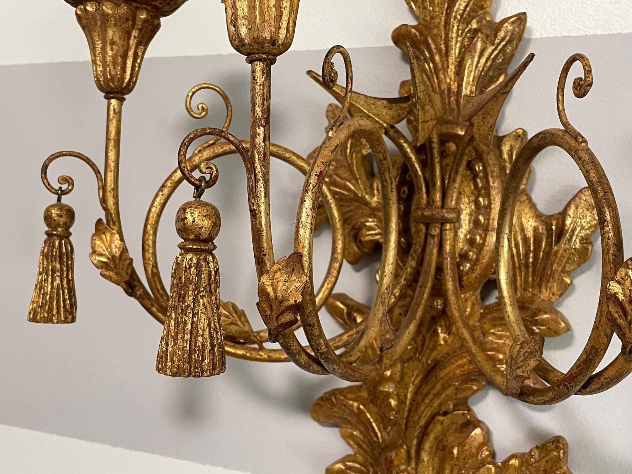 Wood Italian Giltwood Louis XVI Style Carved 3-Arm Sconces