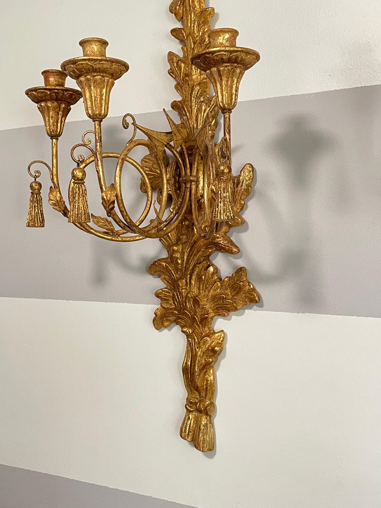 20th Century Italian Giltwood Louis XVI Style Carved 3-Arm Sconces For Sale