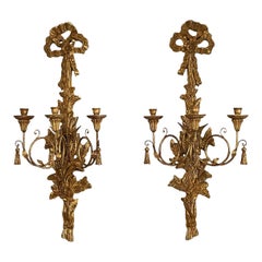 Vintage Italian Giltwood Louis XVI Style Carved 3-Arm Sconces