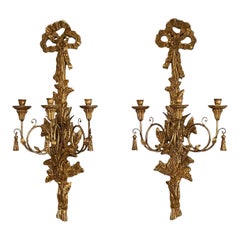 Italian Giltwood Louis XVI Style Carved 3-Arm Sconces