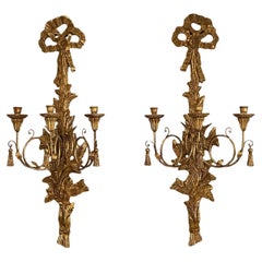 Antique Italian Giltwood Louis XVI Style Carved 3-Arm Sconces