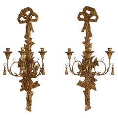 Italian Giltwood Louis XVI Style Carved 3-Arm Sconces