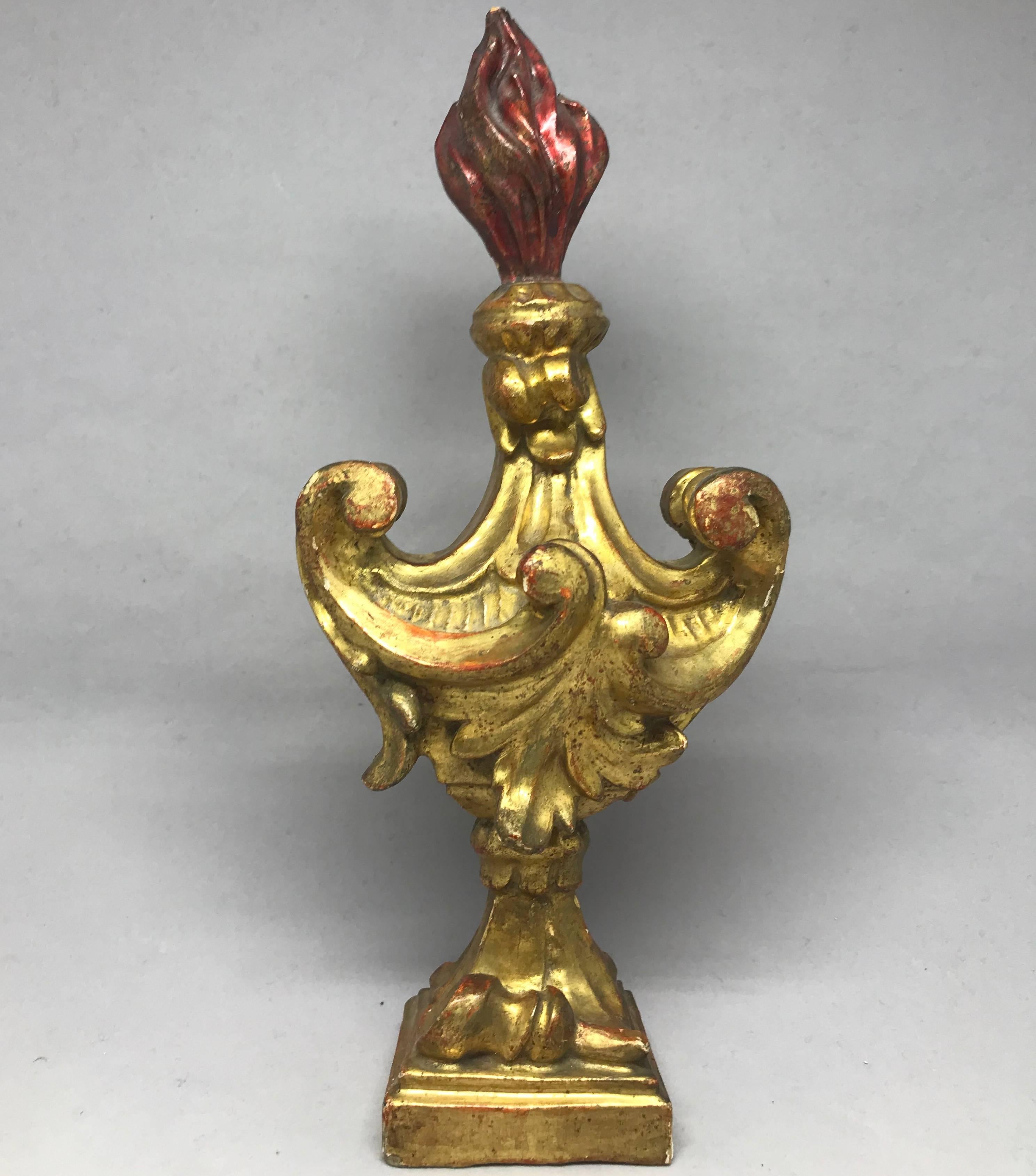 Antique carved giltwood and painted Rococo-style flame decoration on pedestal, Italy, 19th century. 
Dimension: 10.5