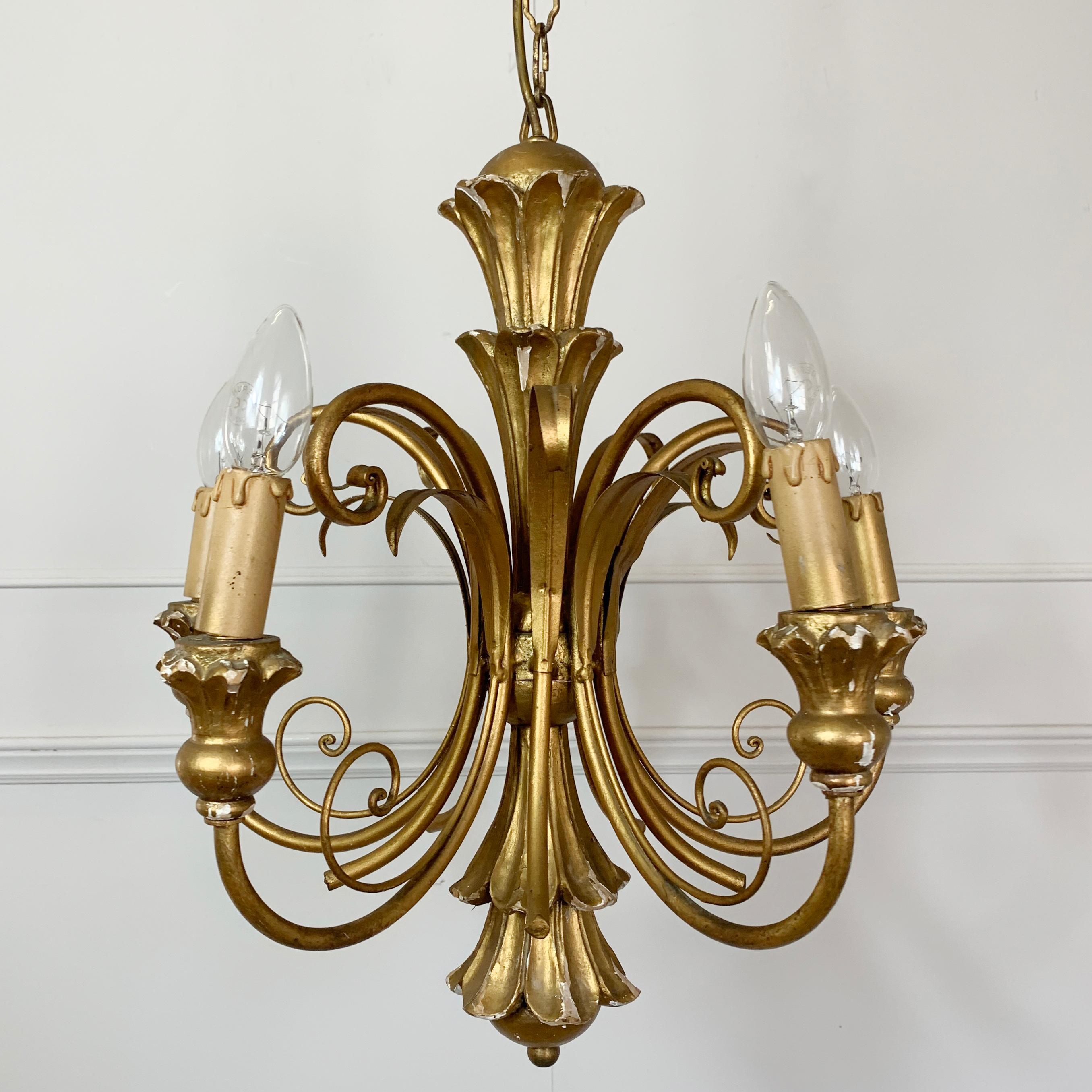 Gold Italian Scroll Chandelier, circa 1960s In Good Condition For Sale In Hastings, GB