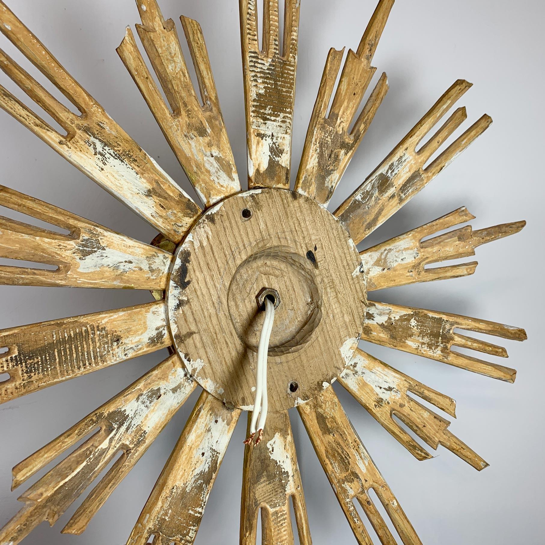 Italian Gold Gilt Wood Sunburst Flush Mount Ceiling Light For Sale 4