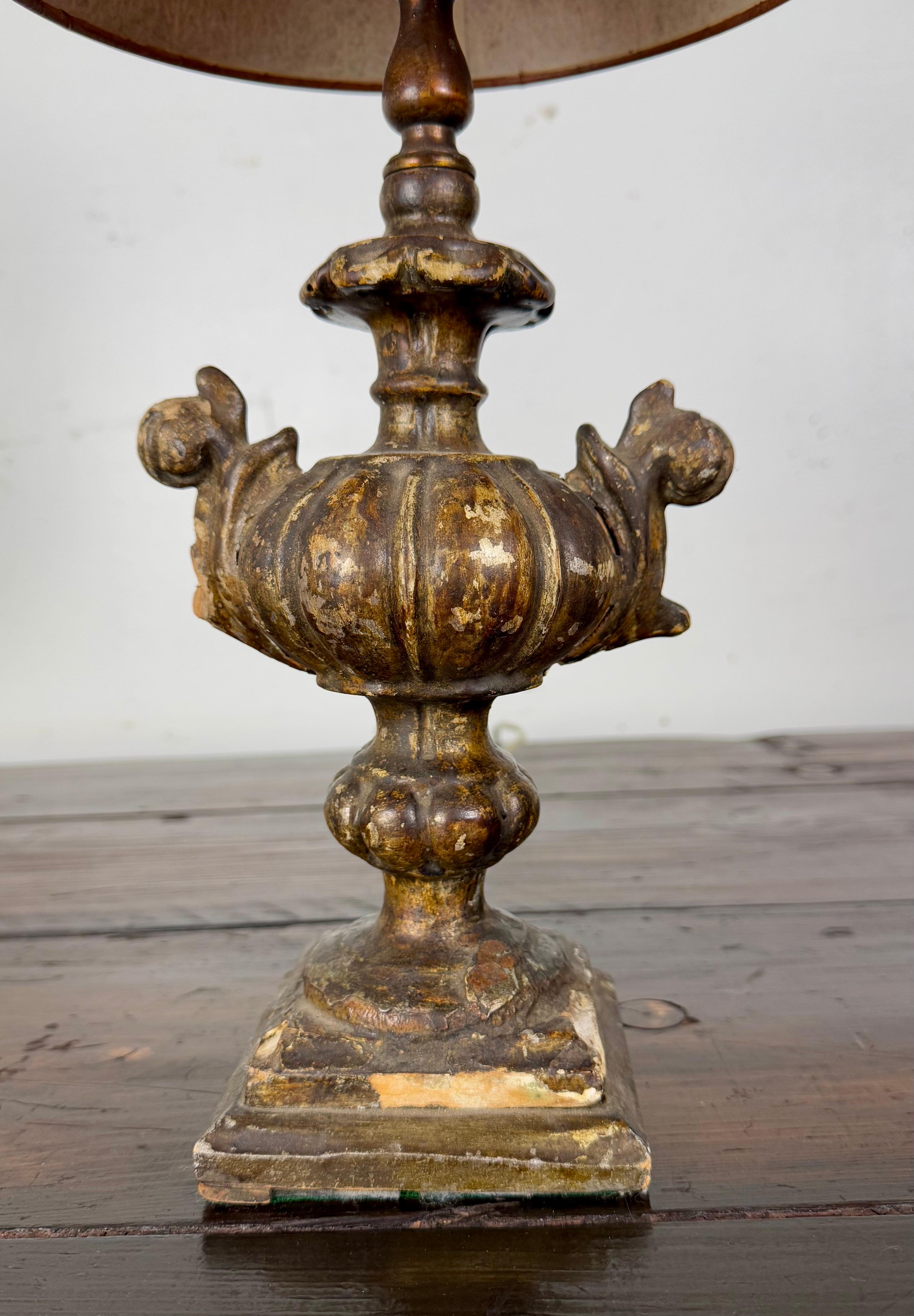 19th Century Italian Giltwood Urn Lamp w/ Parchment Shade For Sale
