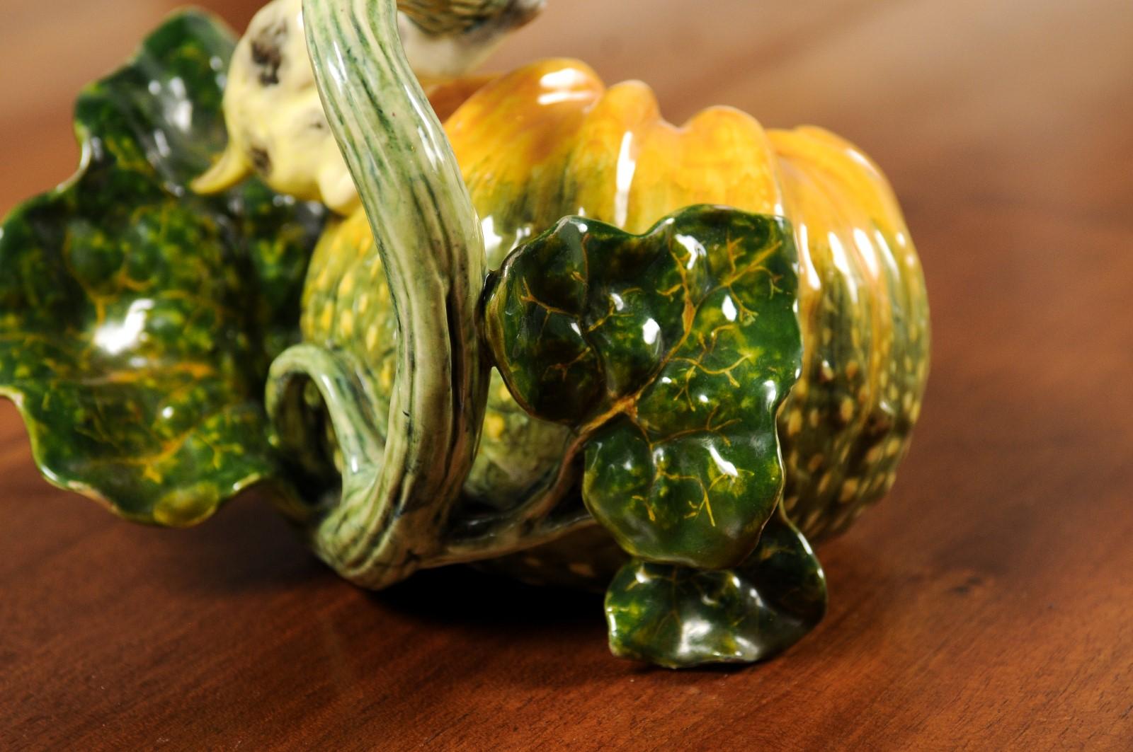 Italian Ginori Majolica Pumpkin Shaped Vase with Bunny Rabbit Eating a Branch For Sale 6