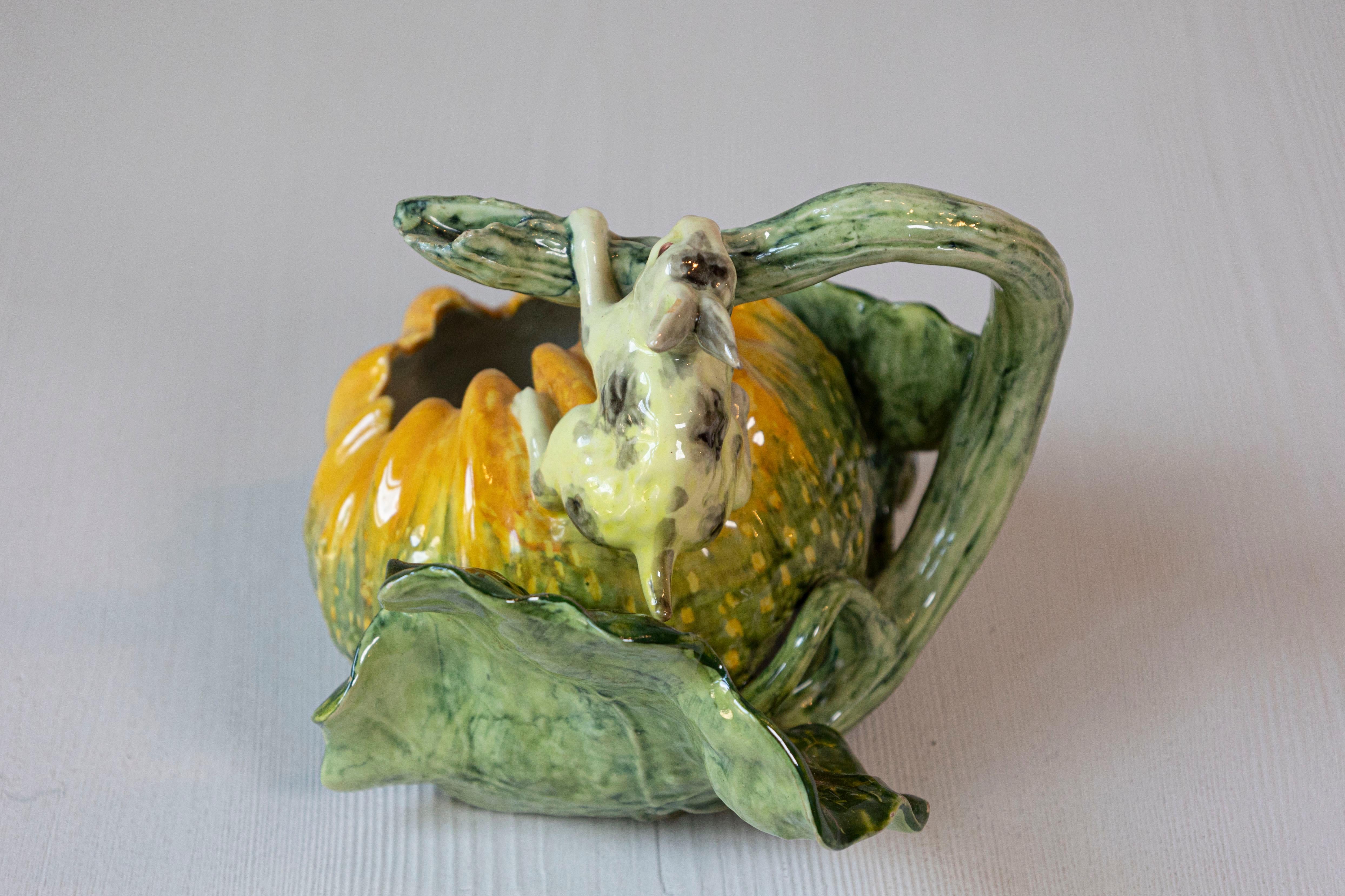 Glazed Italian Ginori Majolica Pumpkin Shaped Vase with Bunny Rabbit Eating a Branch