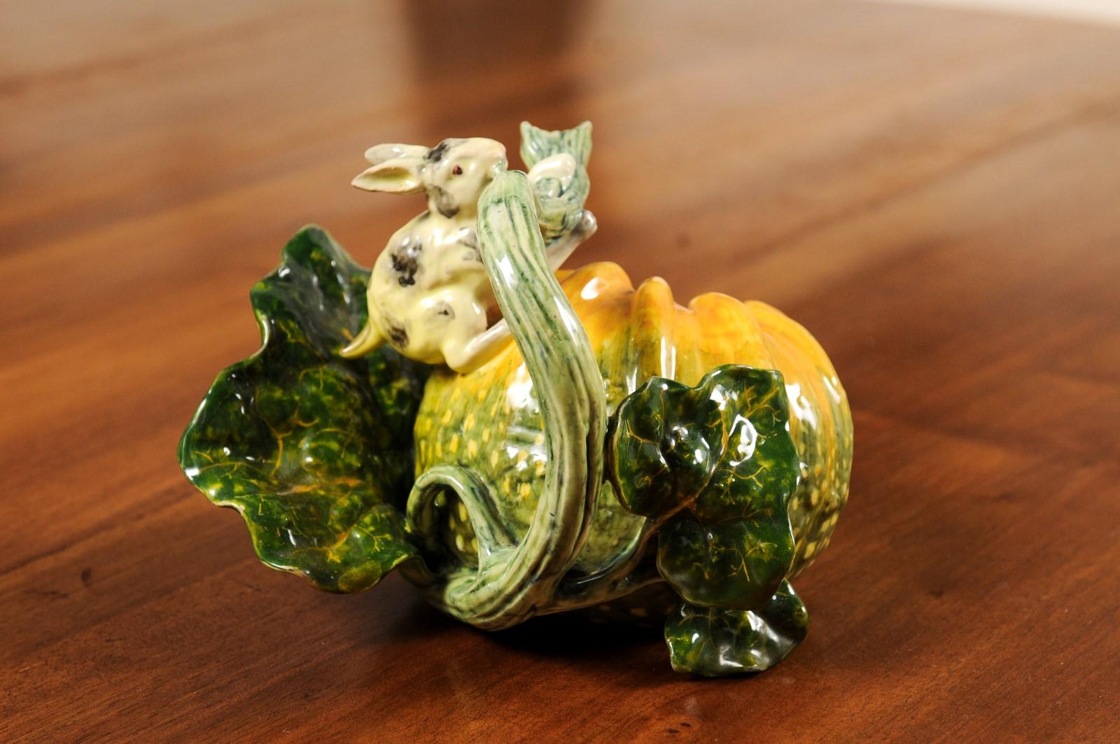 Glazed Italian Ginori Majolica Pumpkin Shaped Vase with Bunny Rabbit Eating a Branch For Sale