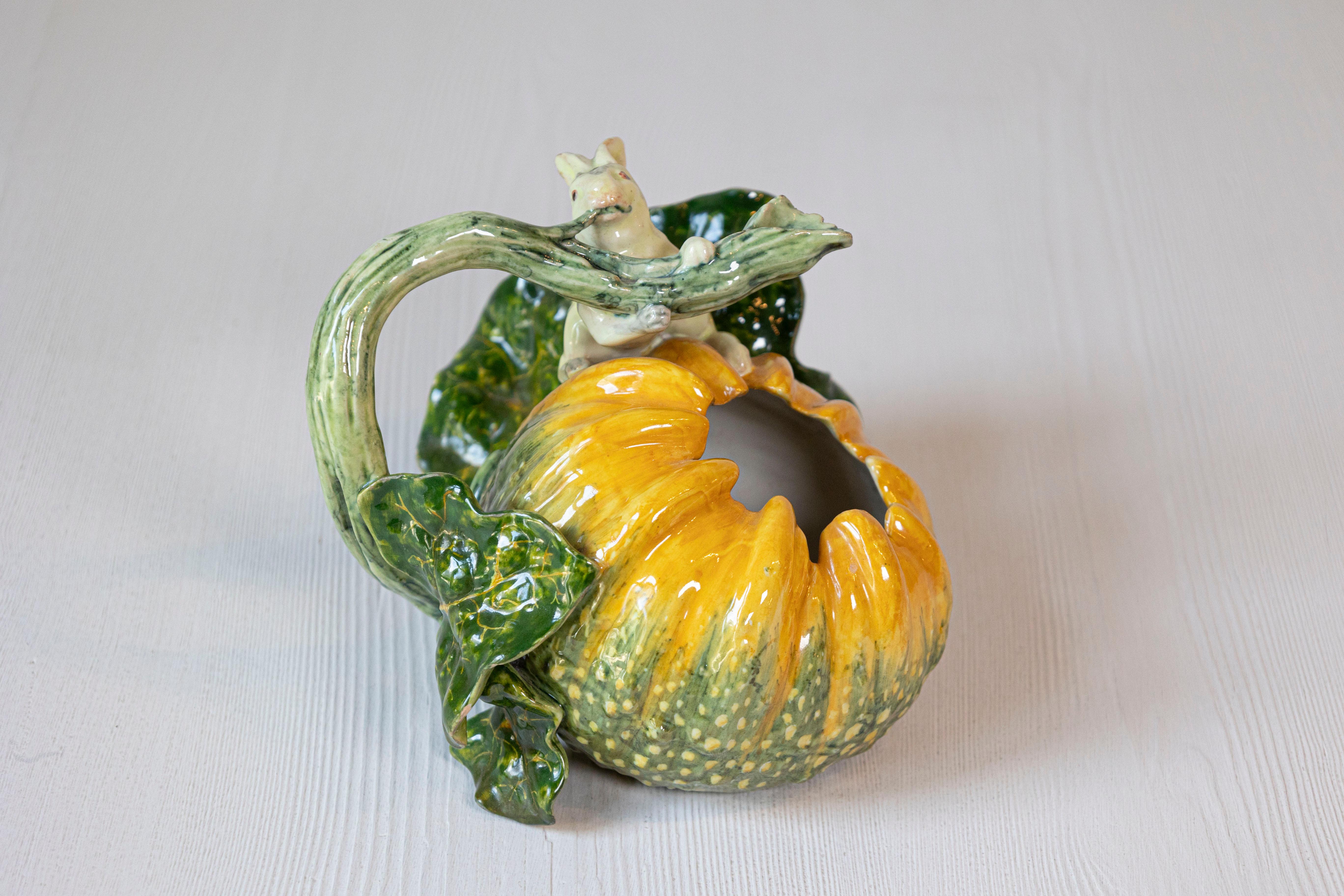 19th Century Italian Ginori Majolica Pumpkin Shaped Vase with Bunny Rabbit Eating a Branch