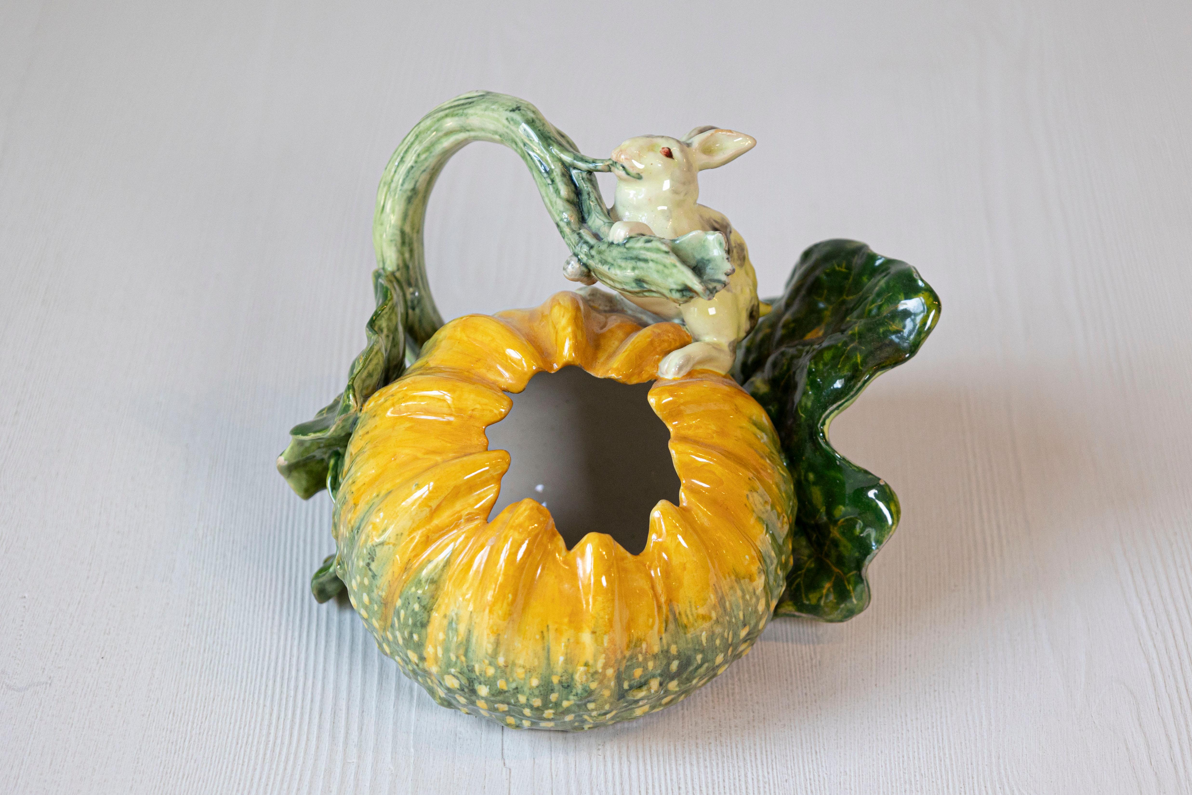 Italian Ginori Majolica Pumpkin Shaped Vase with Bunny Rabbit Eating a Branch 1