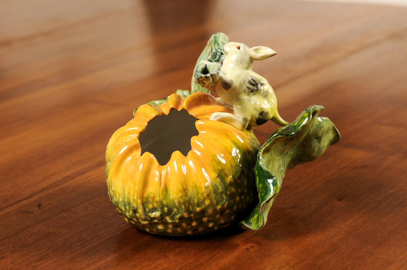 19th Century Italian Ginori Majolica Pumpkin Shaped Vase with Bunny Rabbit Eating a Branch For Sale