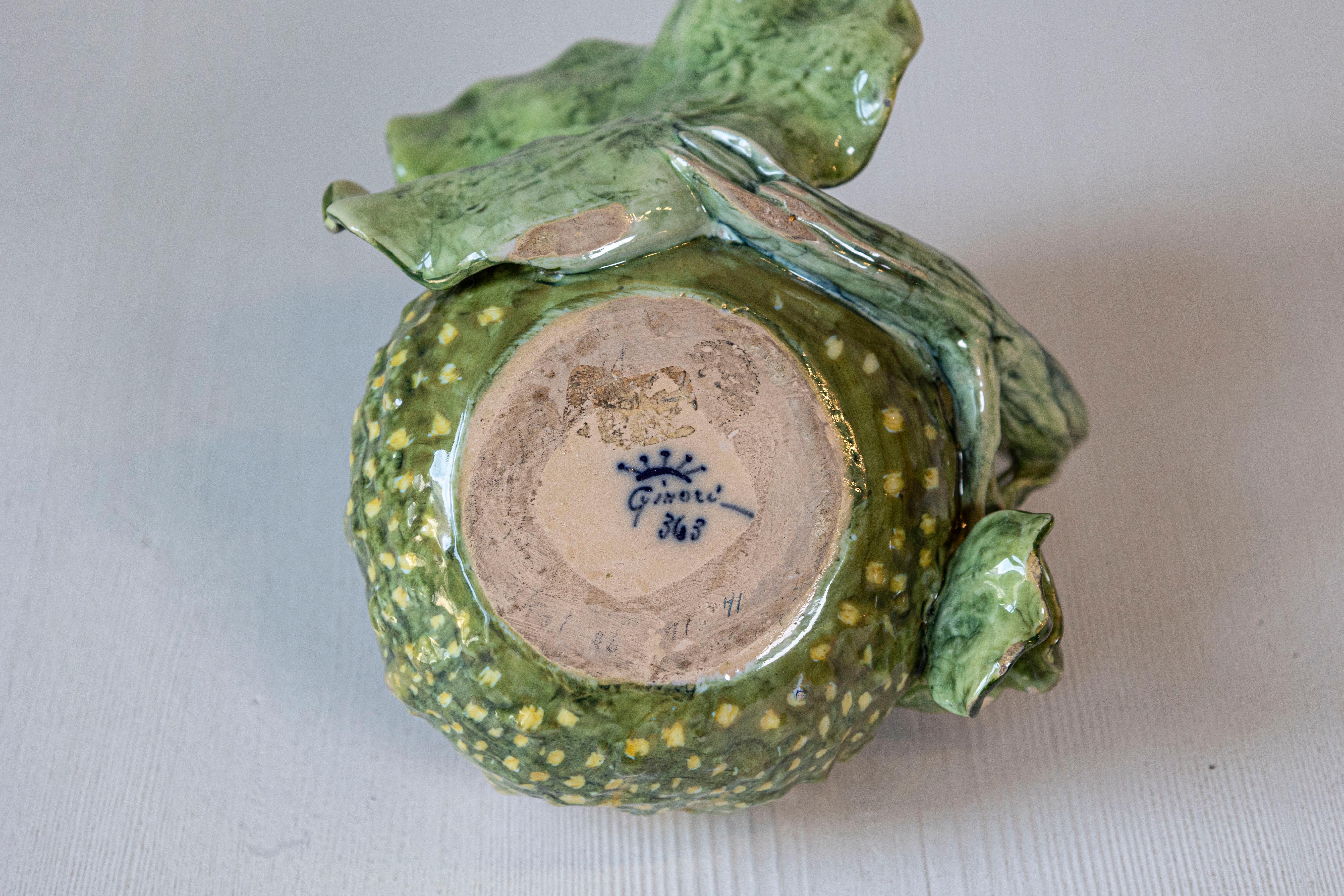 Italian Ginori Majolica Pumpkin Shaped Vase with Bunny Rabbit Eating a Branch 2