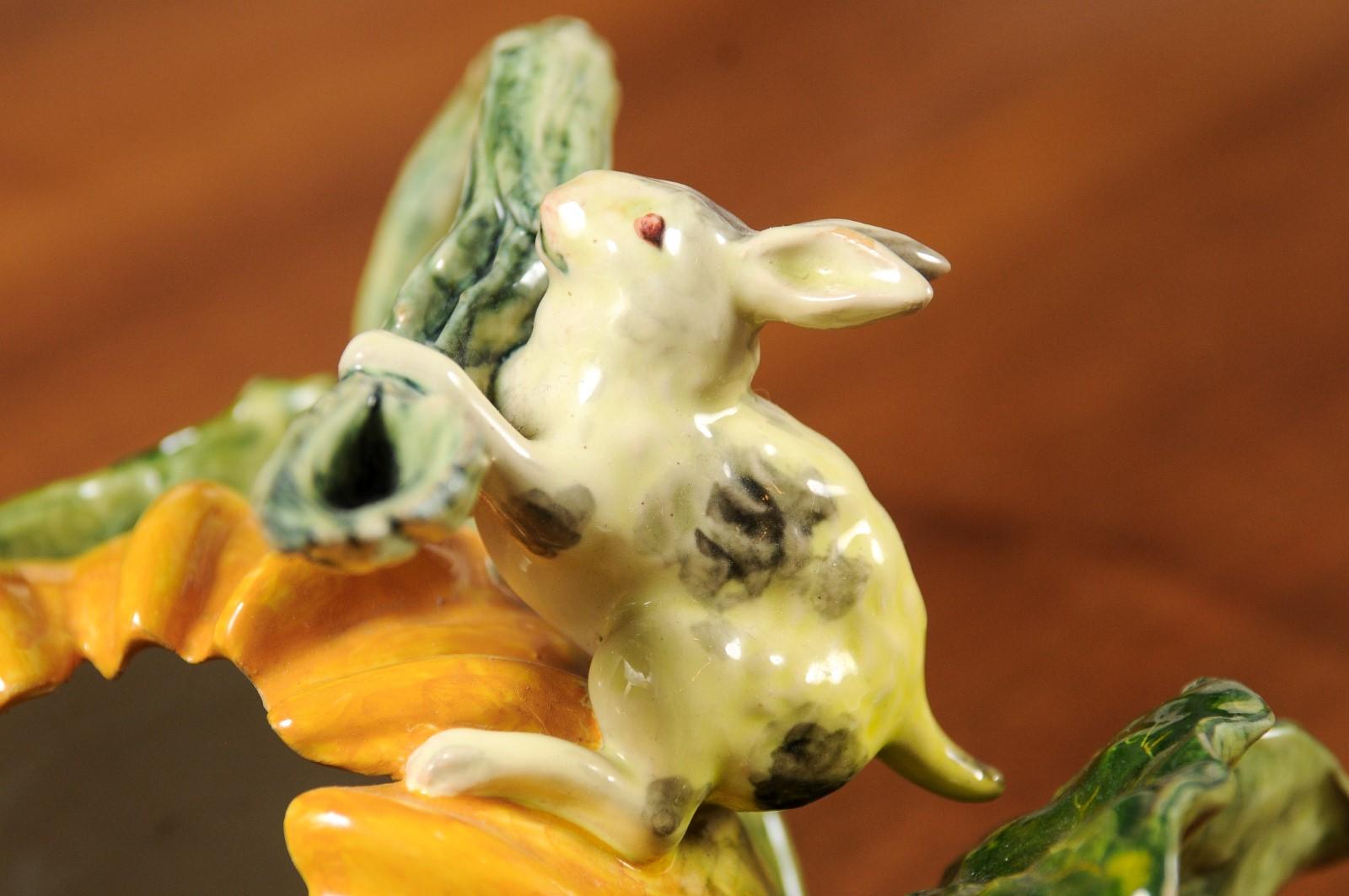 Italian Ginori Majolica Pumpkin Shaped Vase with Bunny Rabbit Eating a Branch For Sale 1