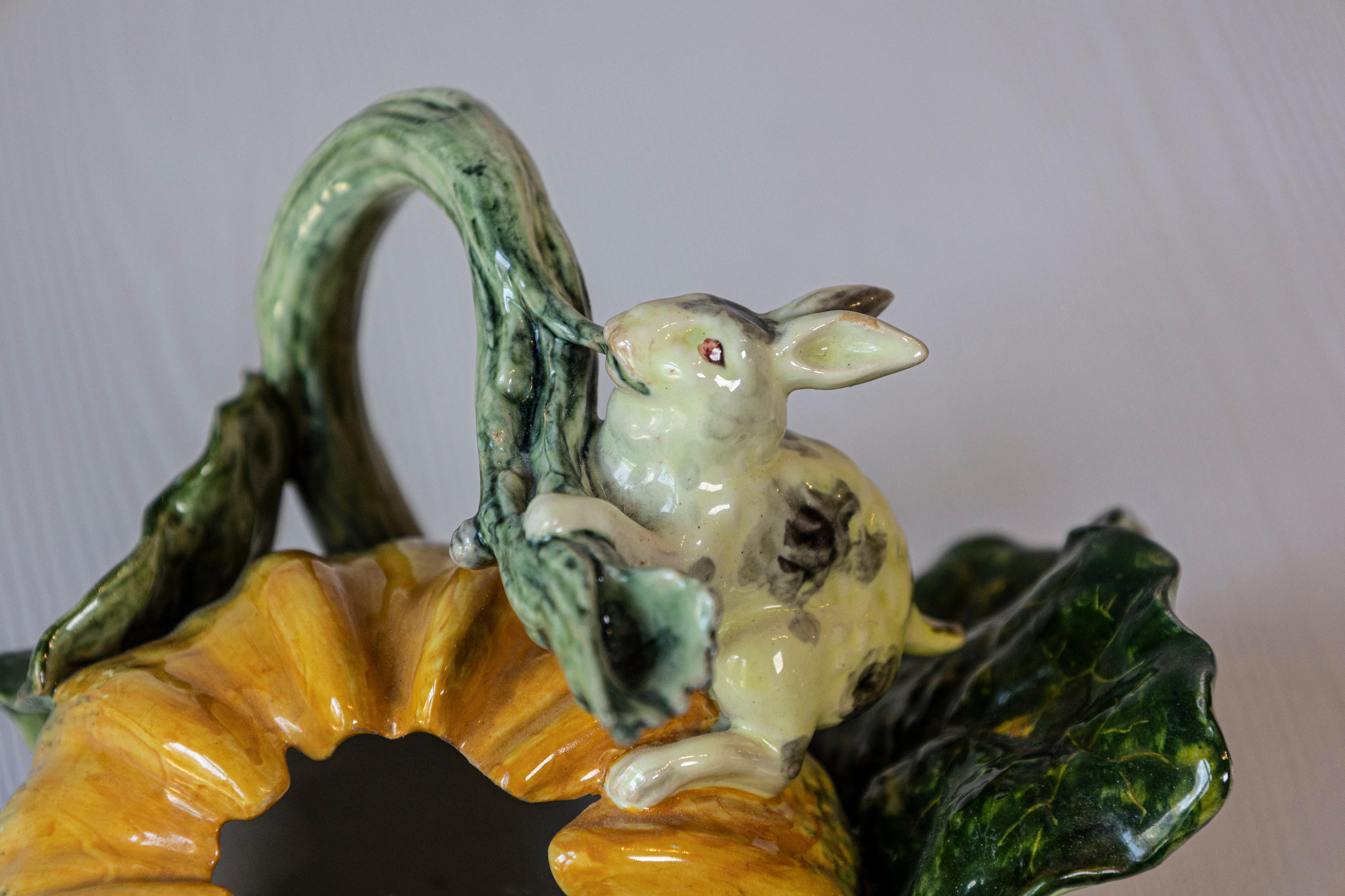 Italian Ginori Majolica Pumpkin Shaped Vase with Bunny Rabbit Eating a Branch 3