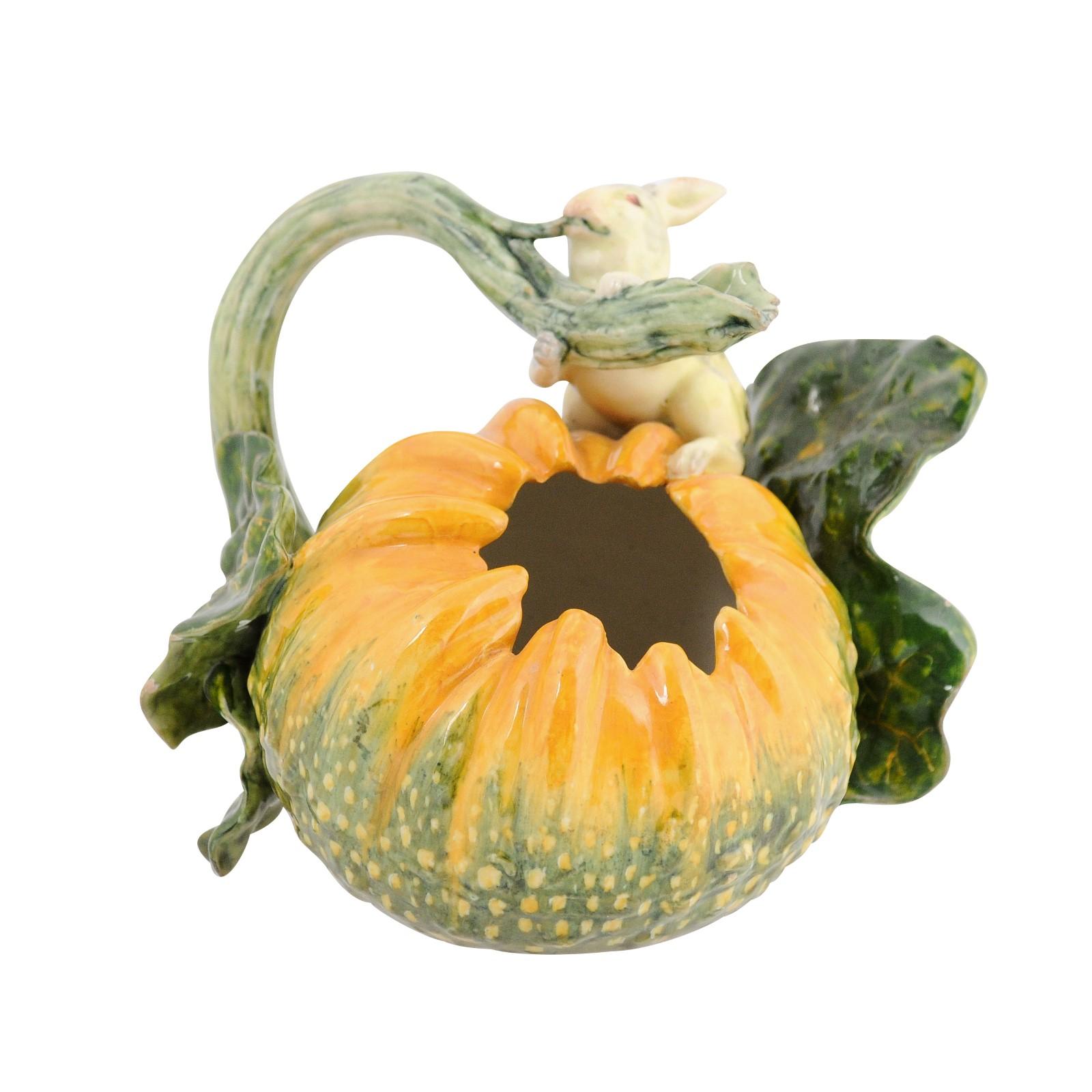 Italian Ginori Majolica Pumpkin Shaped Vase with Bunny Rabbit Eating a Branch For Sale