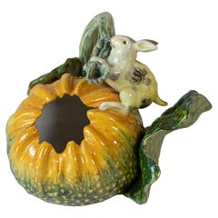Italian Ginori Majolica Pumpkin Shaped Vase with Bunny Rabbit Eating a Branch