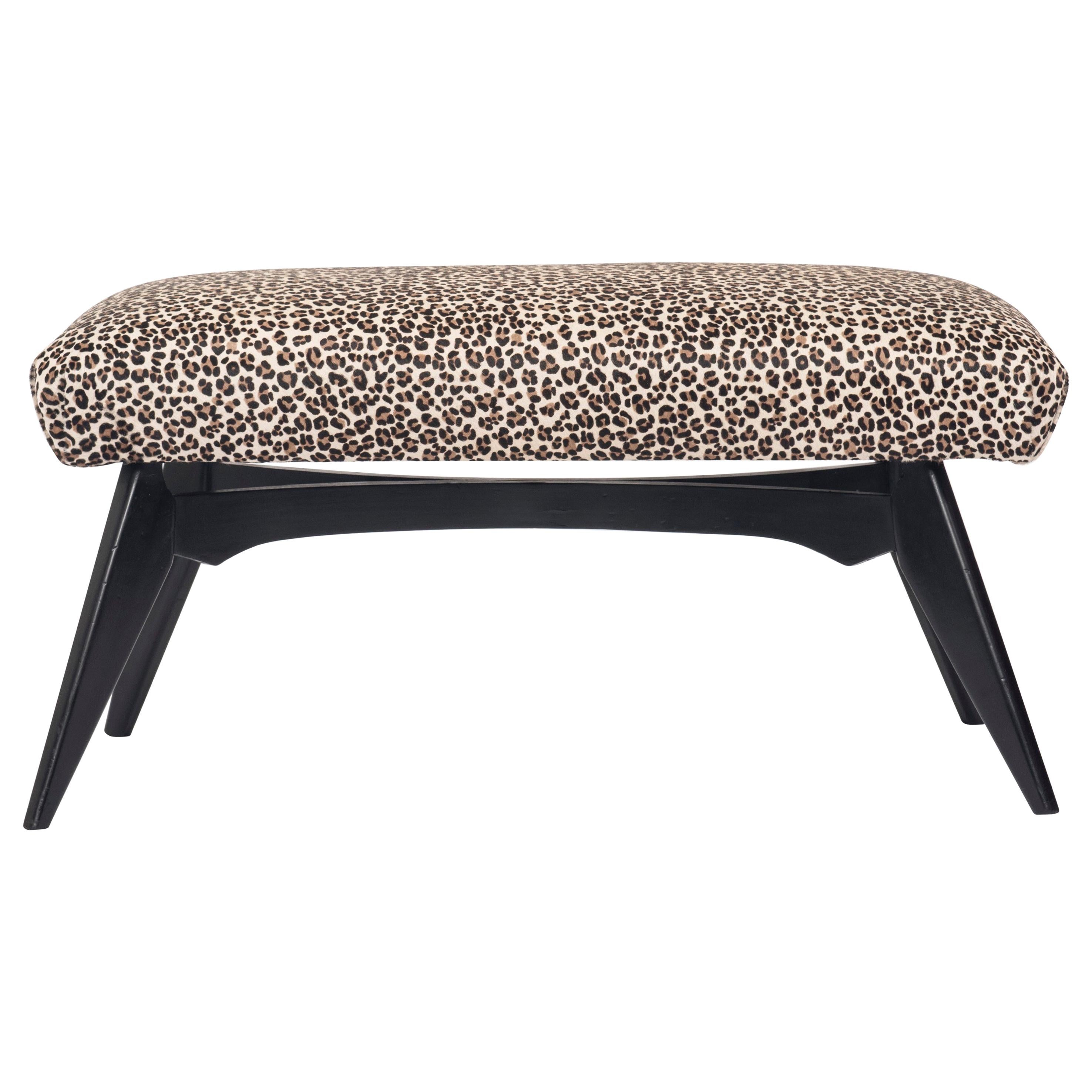 Italian Gio Ponti Inspired Bench Upholstered in Leopard Print Hair Hide