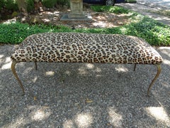 Italian Gio Ponti Inspired Brass Bench Upholstered in Leopard Print Hair Hide