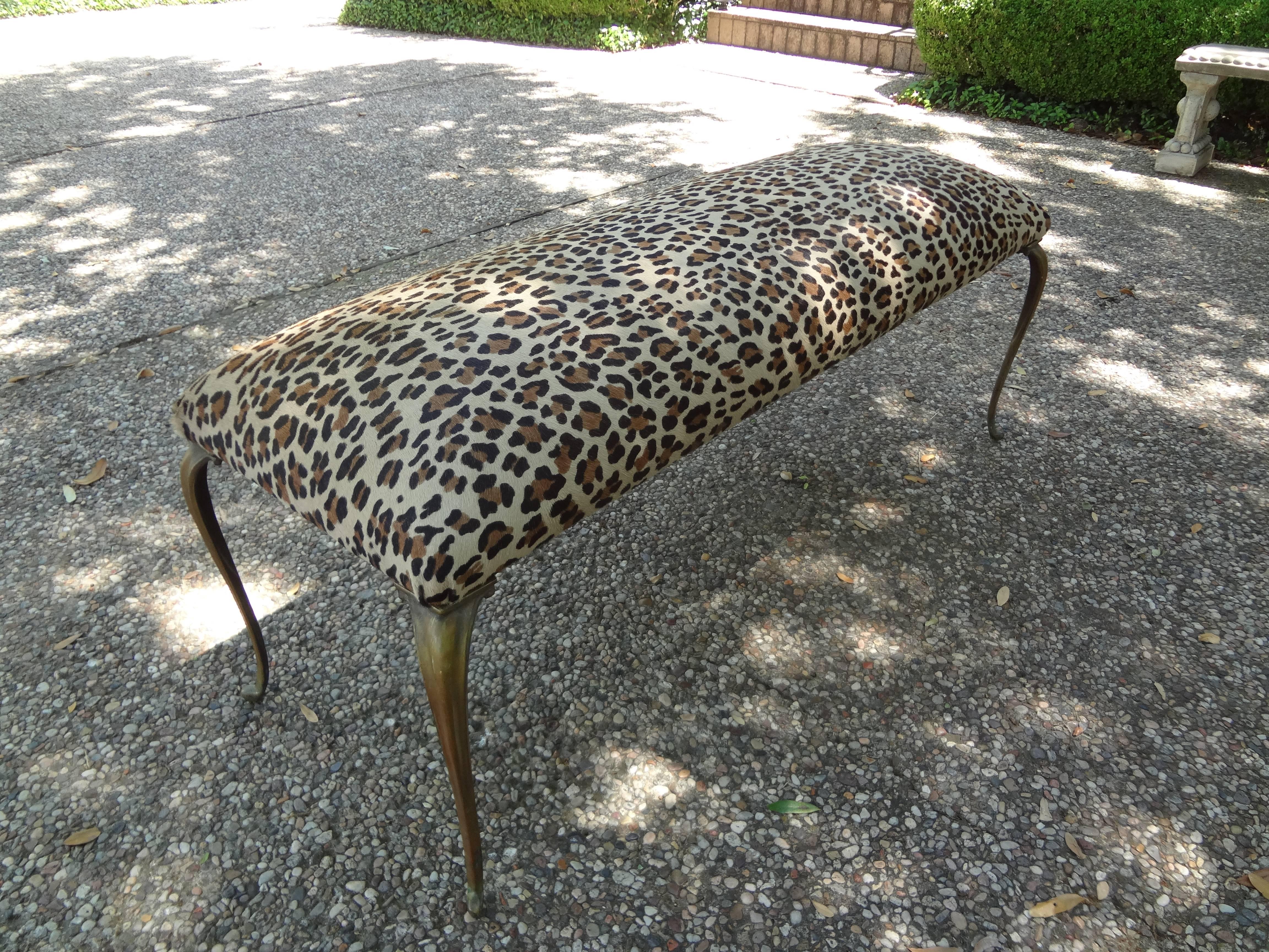 Hollywood Regency Italian Gio Ponti Inspired Brass Bench Upholstered in Leopard Print Hair Hide
