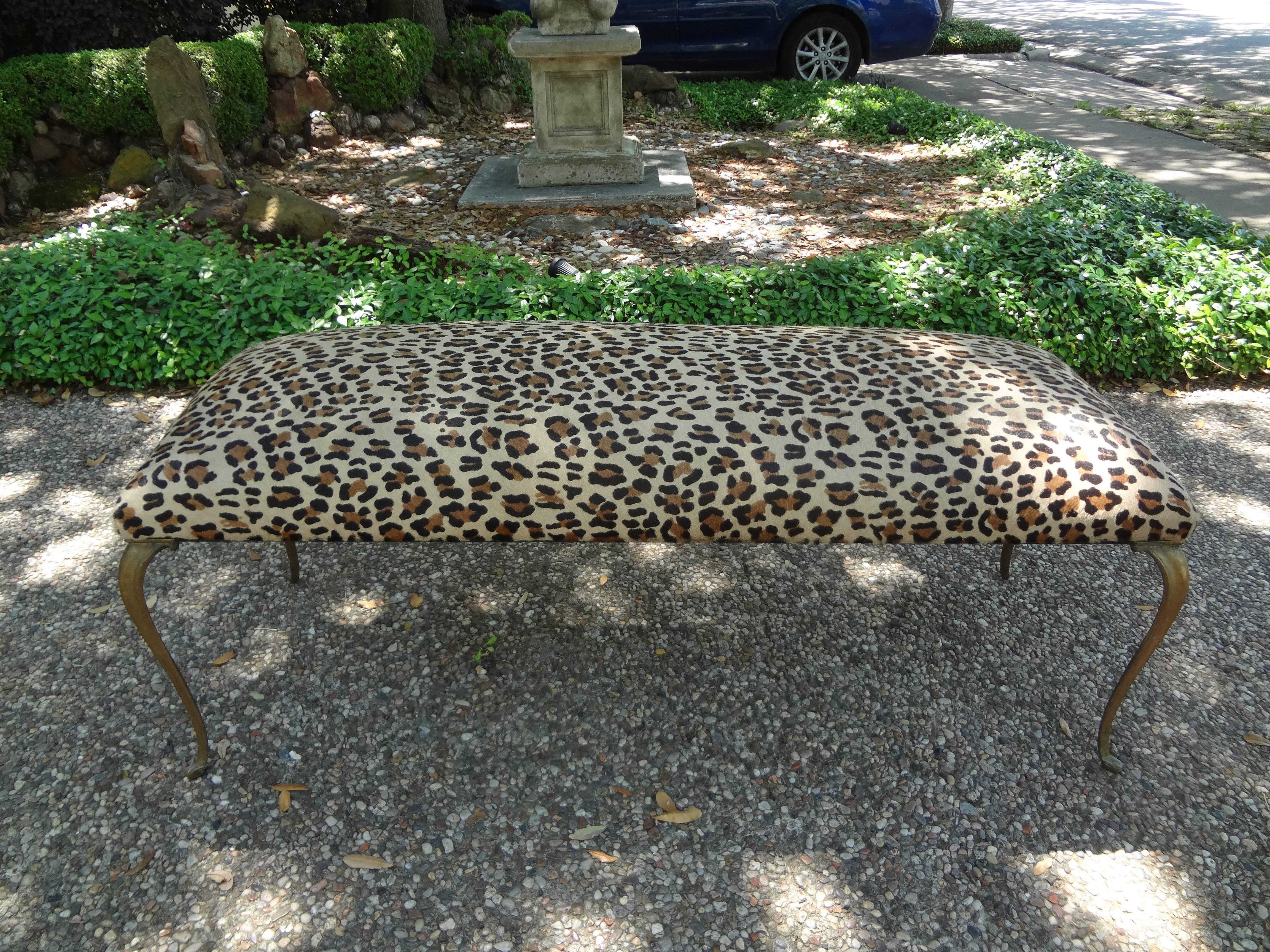 Italian Gio Ponti Inspired Brass Bench Upholstered in Leopard Print Hair Hide In Good Condition In Houston, TX