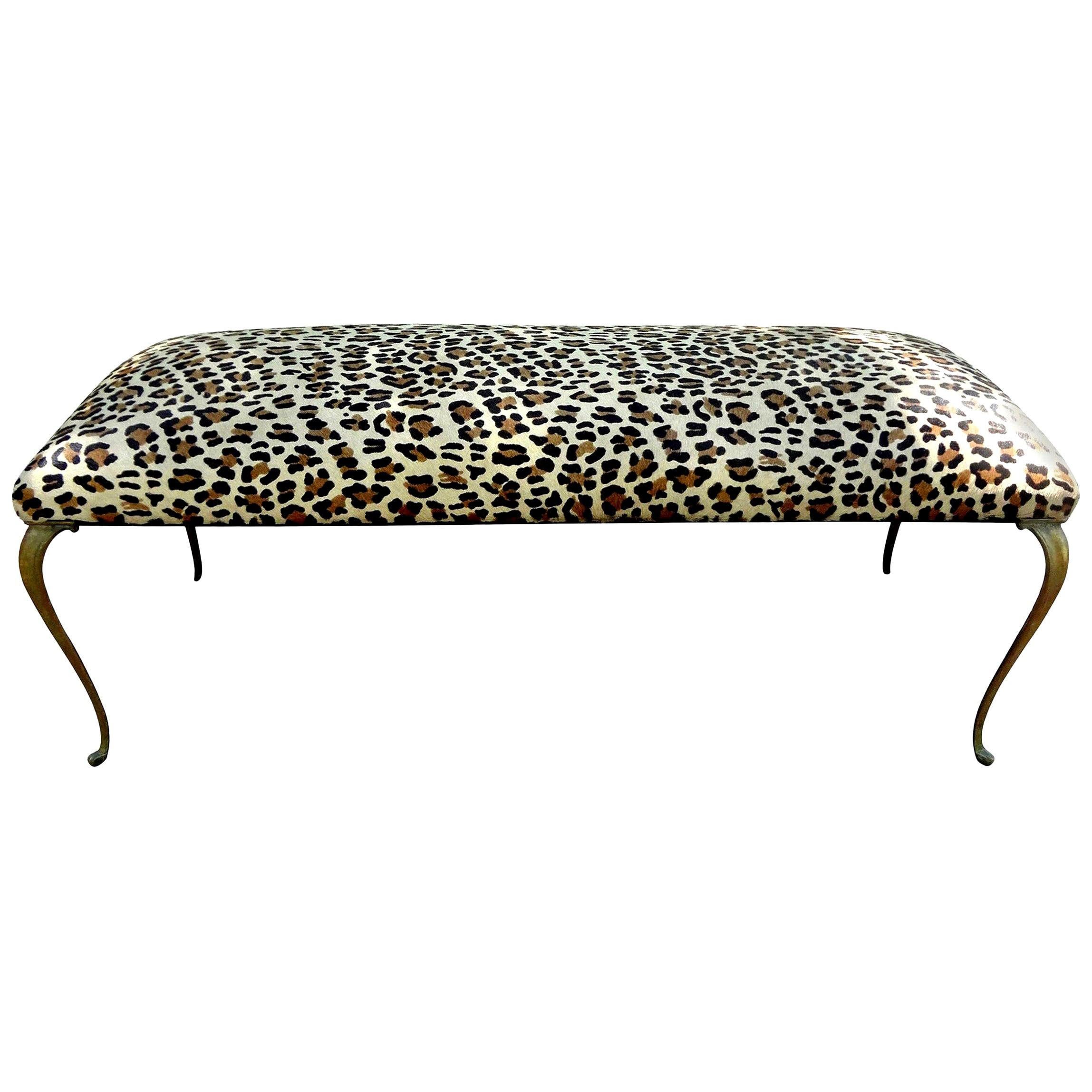 Italian Gio Ponti Inspired Brass Bench Upholstered in Leopard Print Hair Hide