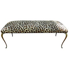 Vintage Italian Gio Ponti Inspired Brass Bench Upholstered in Leopard Print Hair Hide