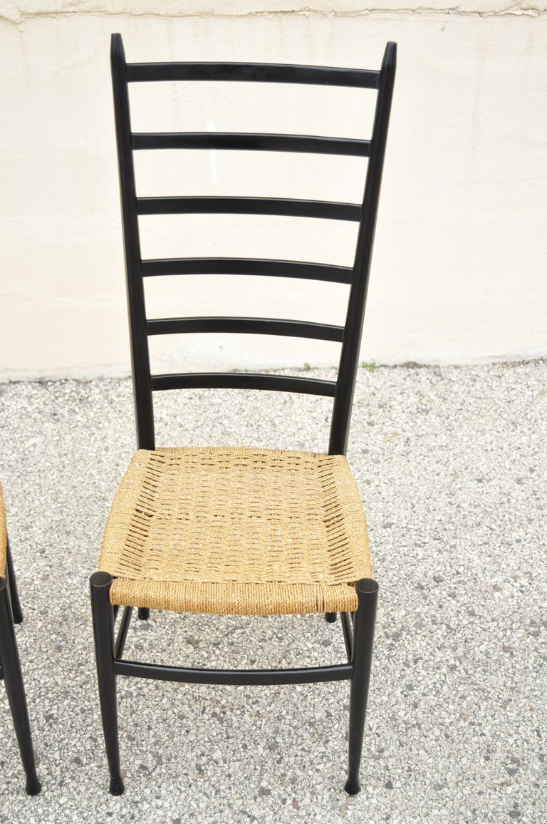 Italian Gio Ponti Style Ebonized Black Tall Ladder Back Rope Seat