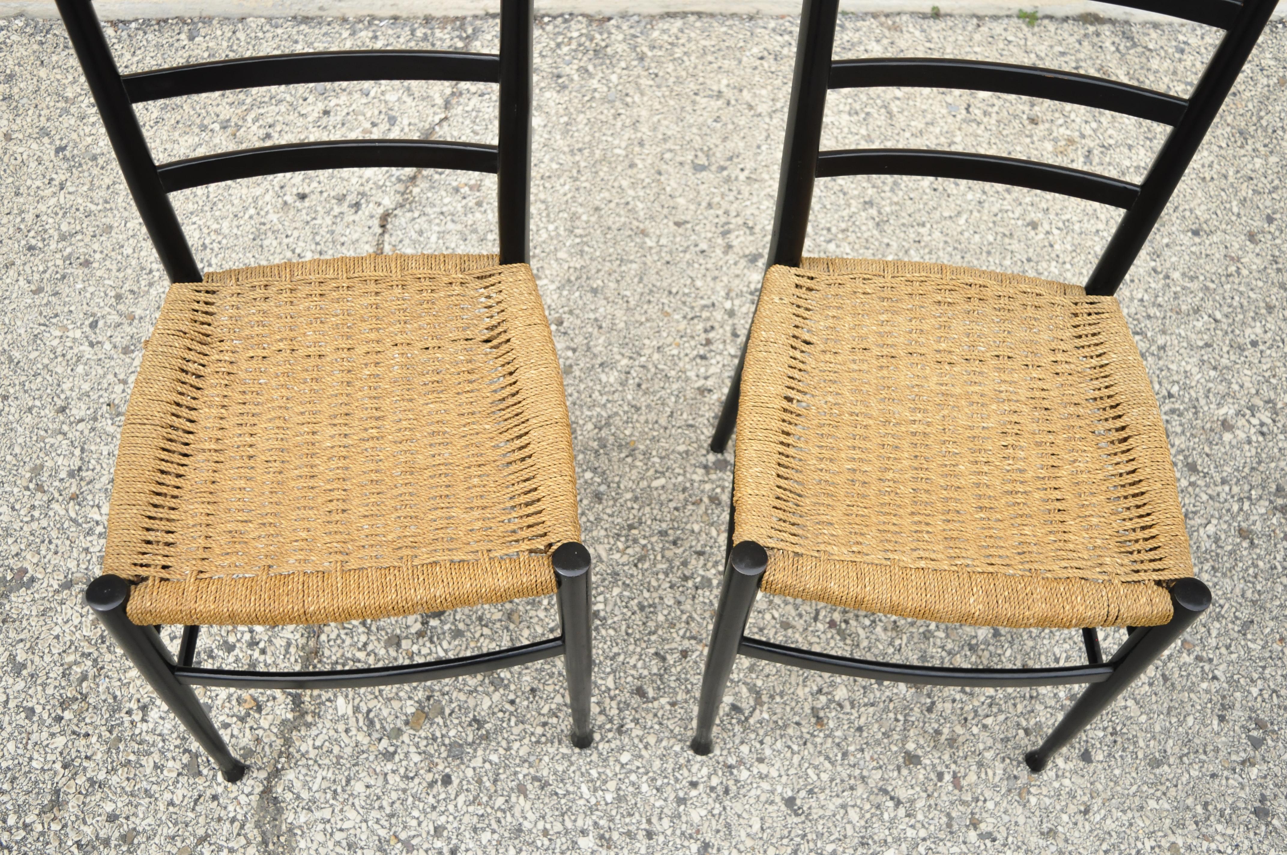 Italian Gio Ponti Style Ebonized Black Tall Ladder Back Rope Seat Chair, a Pair 1