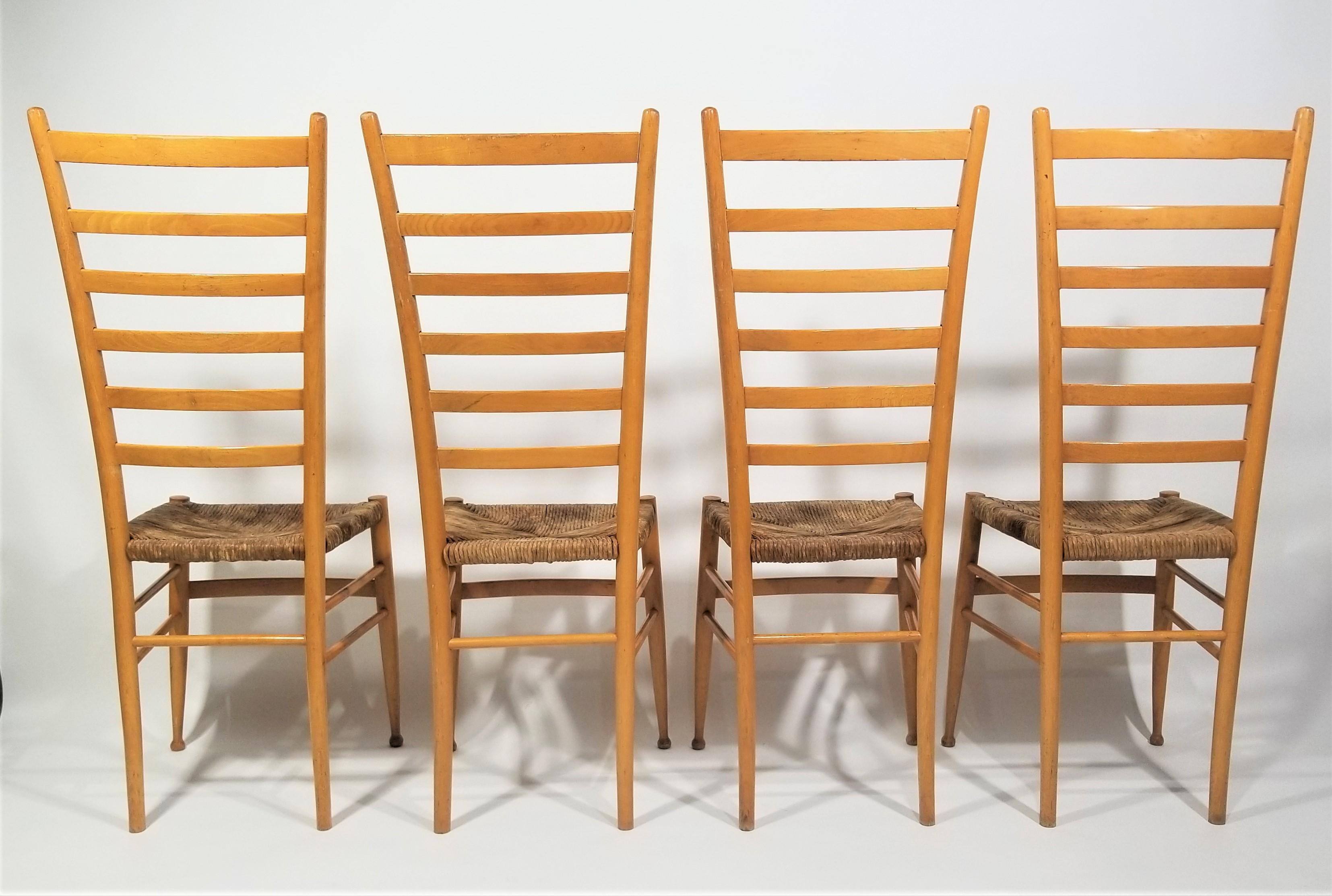 Wood Italian Gio  Ponti Style Tall Ladder Back Chairs 1970s Made in Italy  For Sale