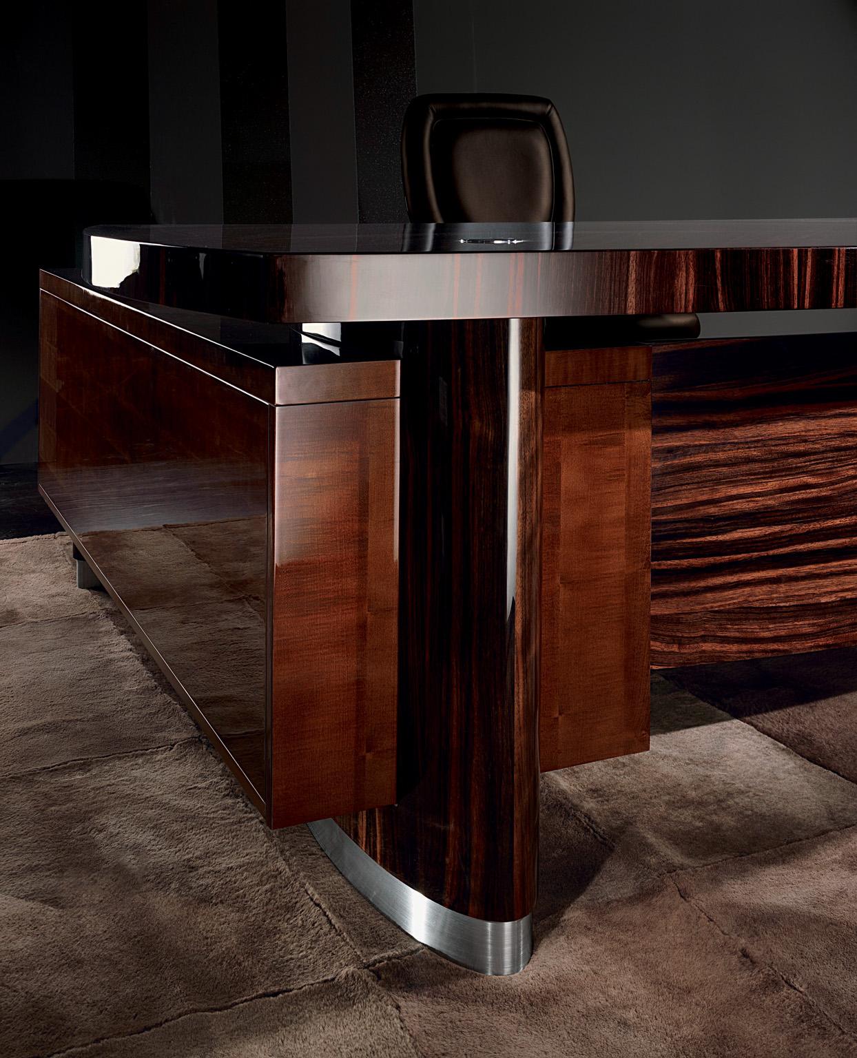 Art Deco Italian Giorgio Collection Presidential Desk with Return Ebony Macassar Wood For Sale