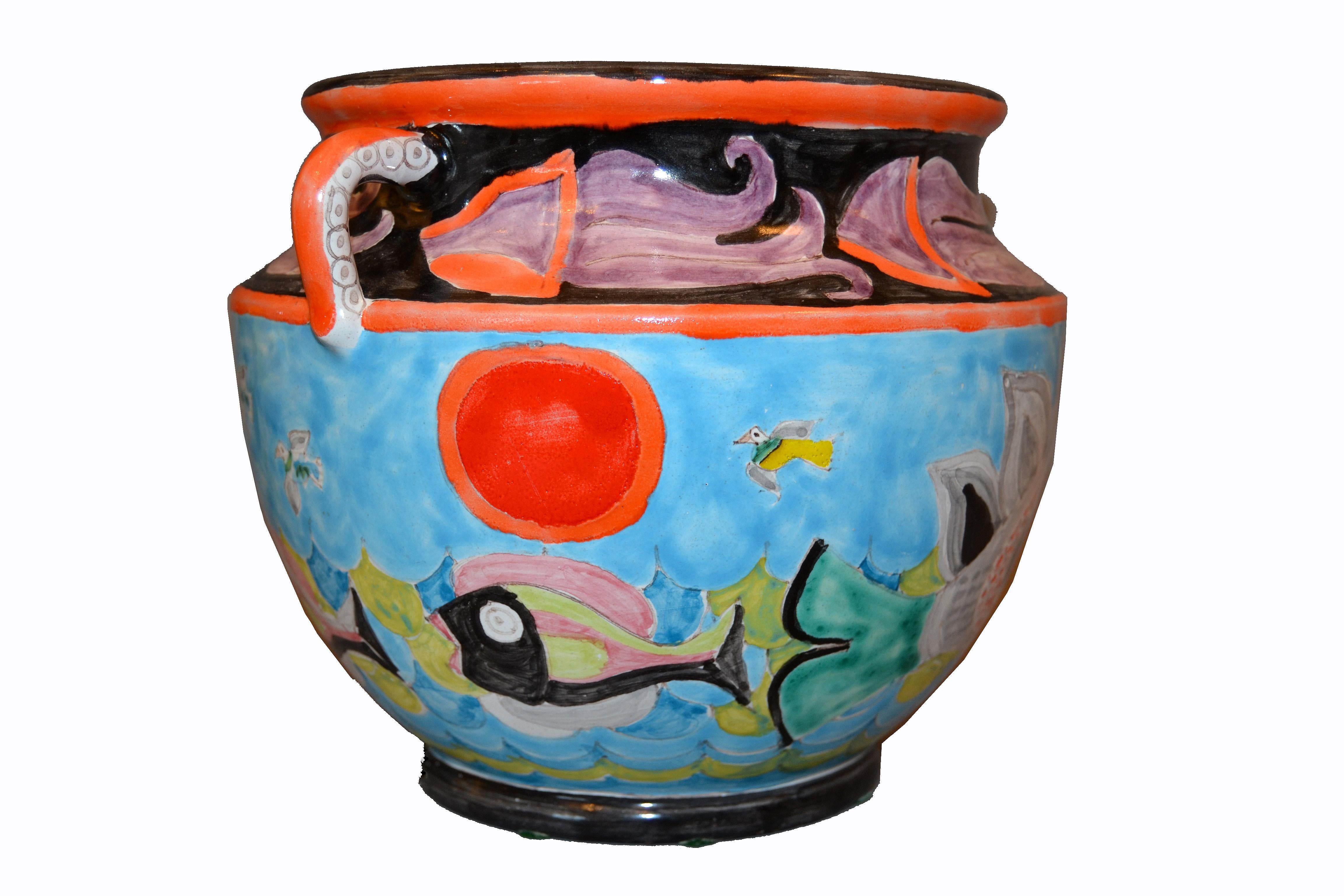 Mid-Century Modern Italian Giovanni Desimone Hand Painted Art Pottery Bowl Handles Octopus, Italy