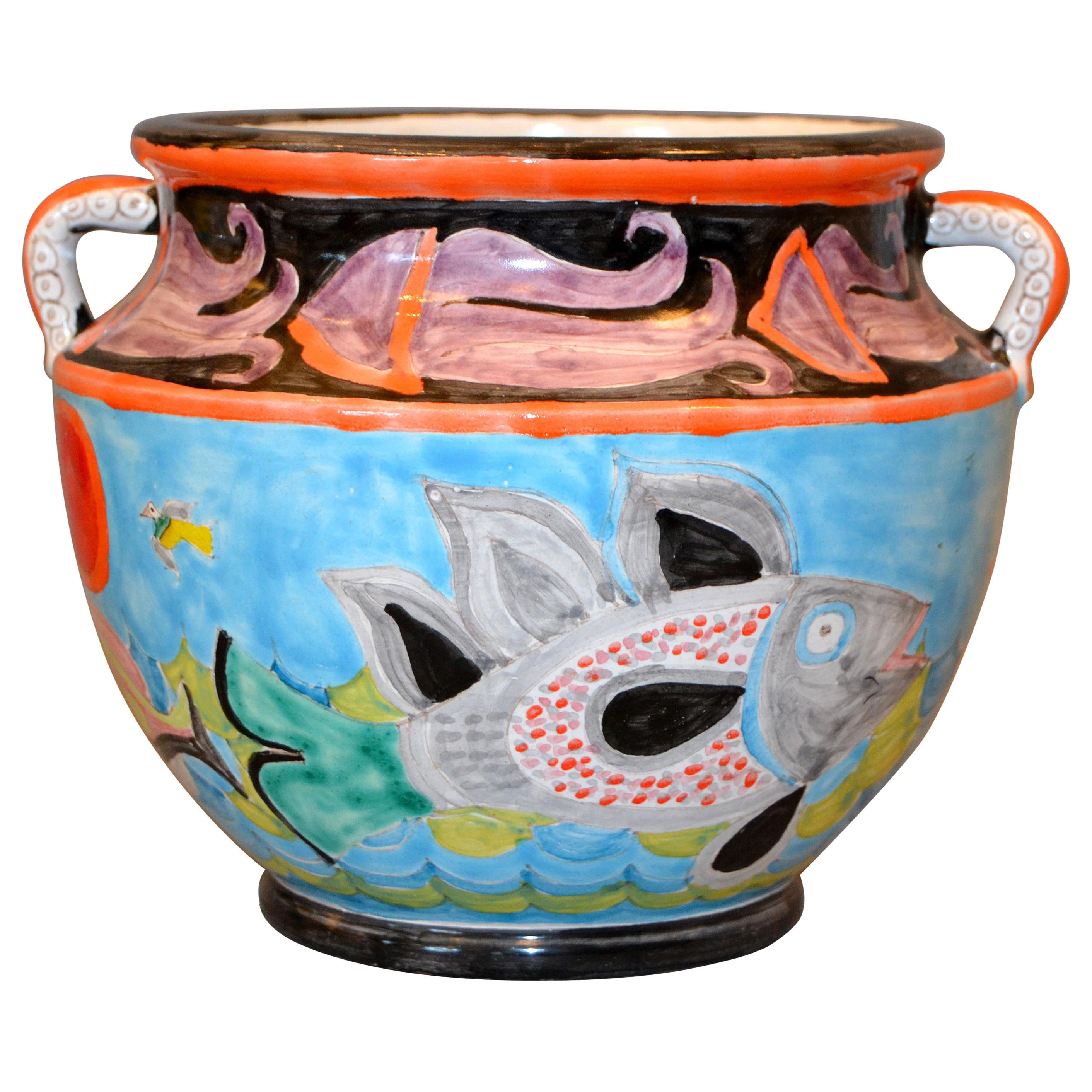 Italian Giovanni Desimone Hand Painted Art Pottery Bowl Handles Octopus, Italy