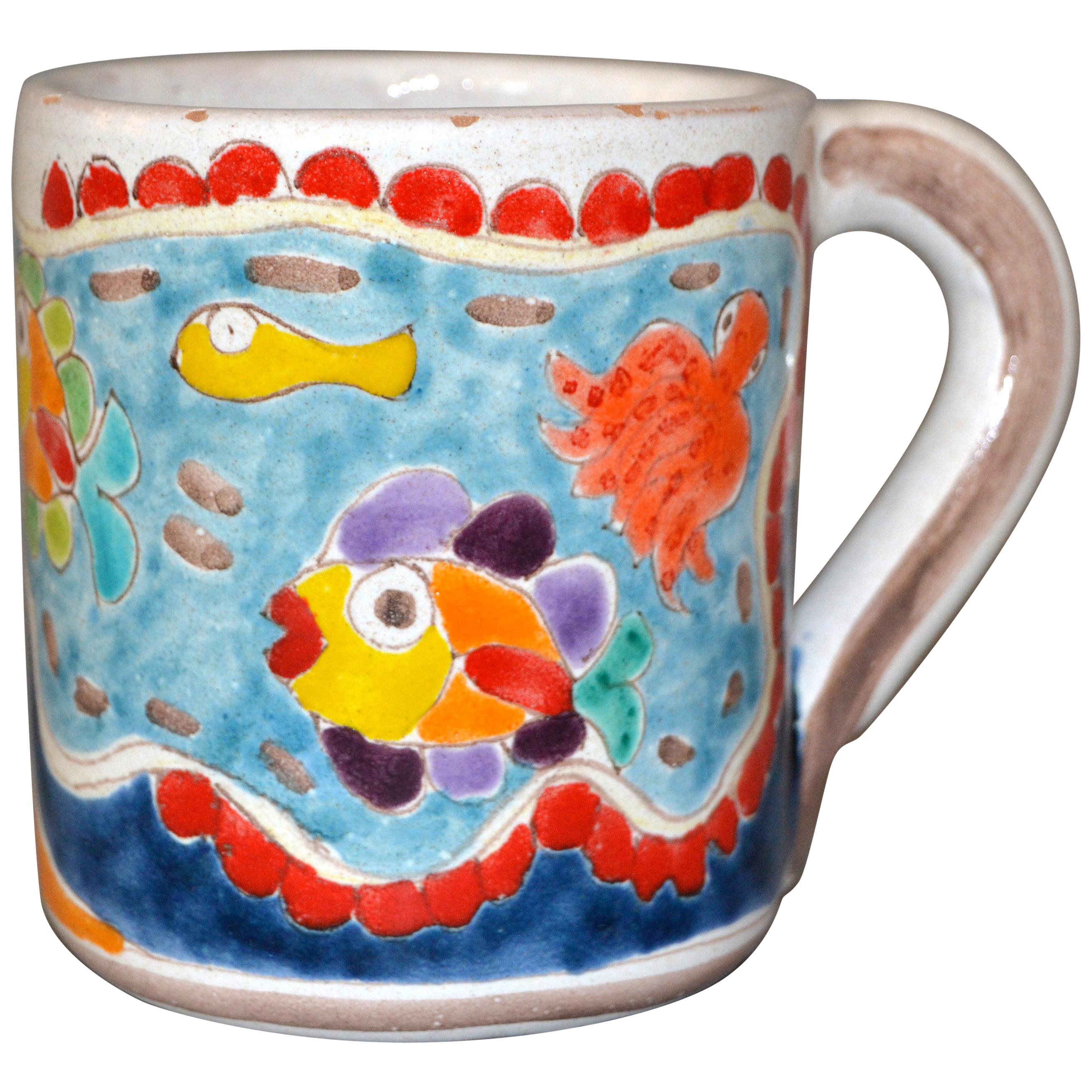 Italian Giovanni DeSimone Hand Painted Art Pottery Decor Mug, Cup Fish Family