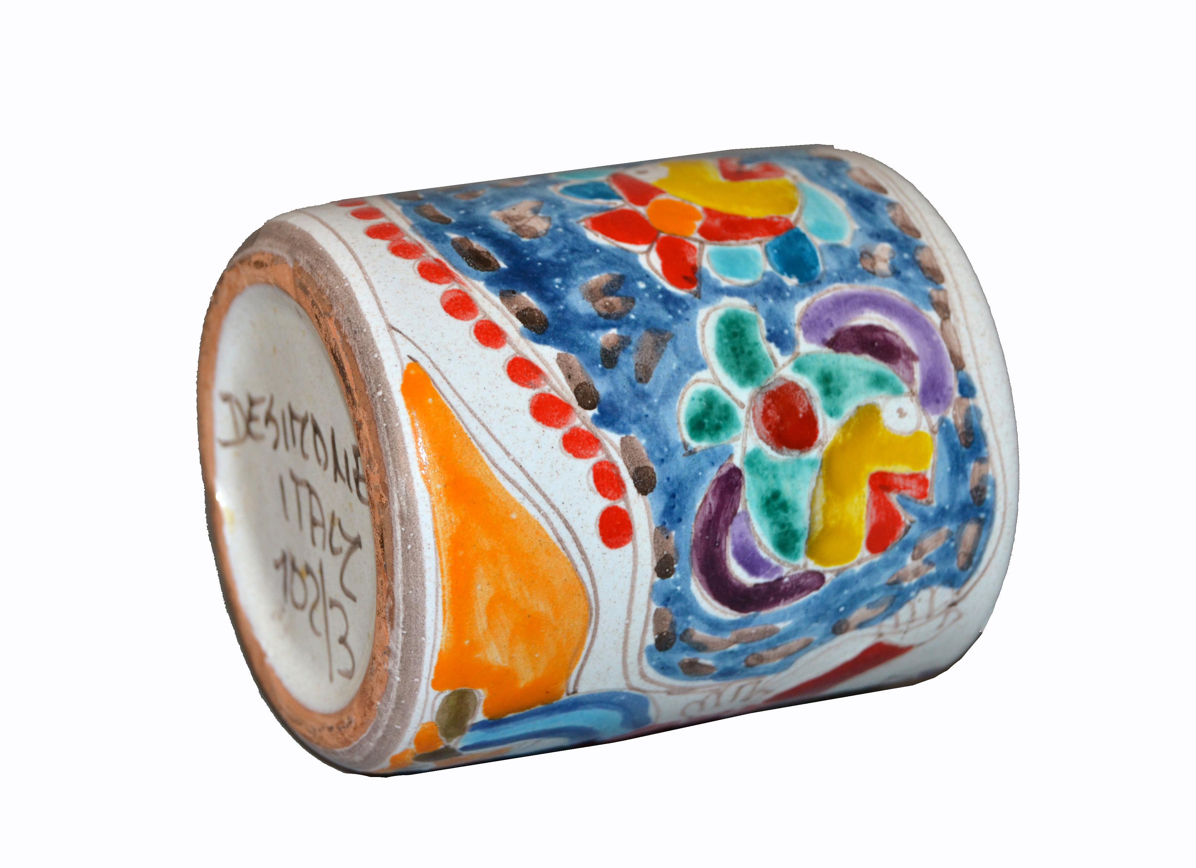 Italienisch Giovanni DeSimone Hand gemalt Kunst Keramik Dekor Becher:: Tasse Fischer Netz (Moderne der Mitte des Jahrhunderts)